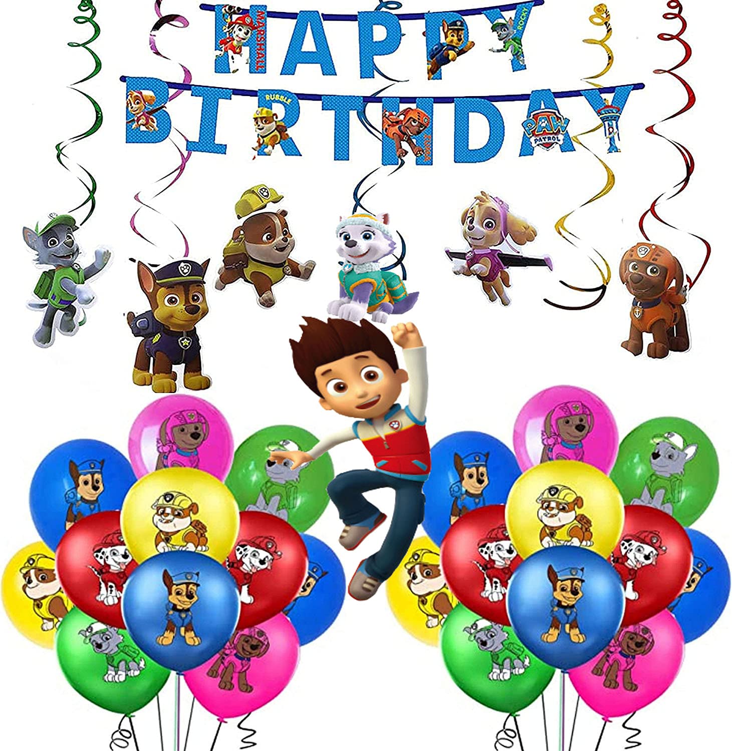 TaoQi Paw Patrol Birthday Decoration for Children, Paw Patrol Birthday Balloons Set with Happy Birthday Banner and Hanging Paw Patrol Figure Paw Patrol Birthday Party Decoration