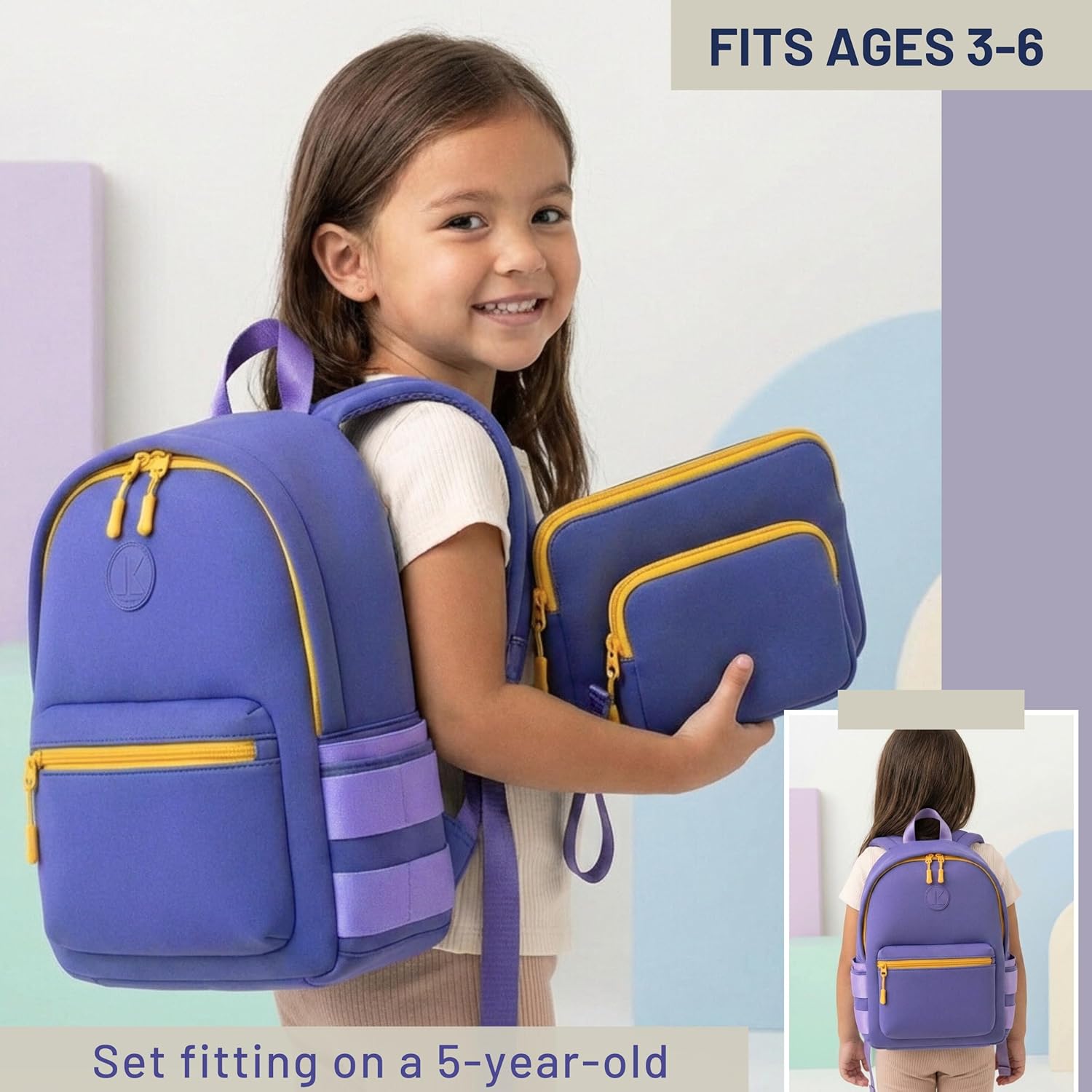 3PC SET Kids Neoprene Backpack 13 inch with 2 zipper pouch & AirTag holder for kids | Preschool backpack Toddler travel backpack | Daycare backpack boy and girl