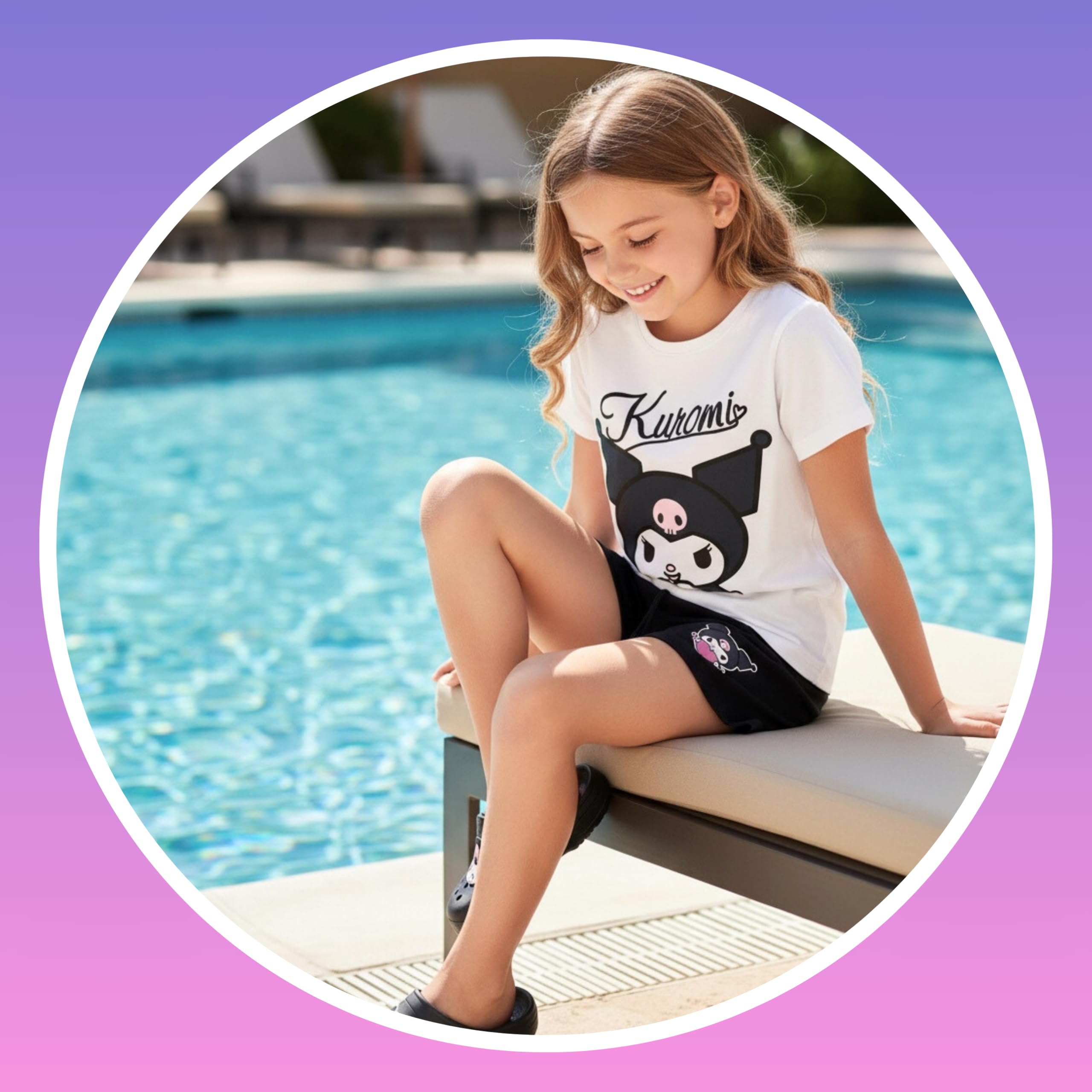 Hello Kitty Kuromi Camiseta y Pantalon para Niña, Conjunto 2 Piezas Camiseta Manga Corta y Pantalon Corto, Tallas 4 a 10 Años