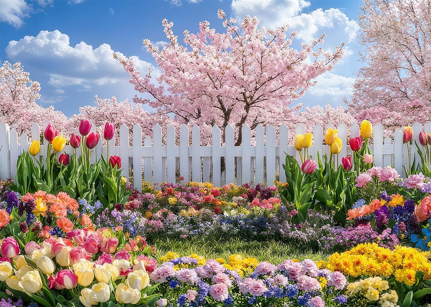 8x6FT Spring Garden Backdrop Secret Floral Garden Tulip Peach Blossom White Fence Backdround for Spring Easter Birthday Party Decoration Vinyl