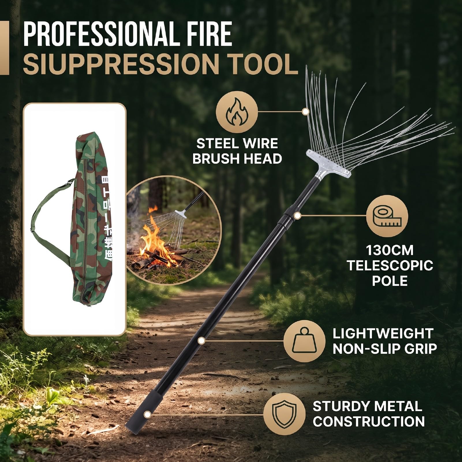Luocute Fregona para Extintor, Poste Telescópico de 130 Cm | Acero inoxidable, con bolsa de almacenamiento, para extinción de incendios de pastizales forestales