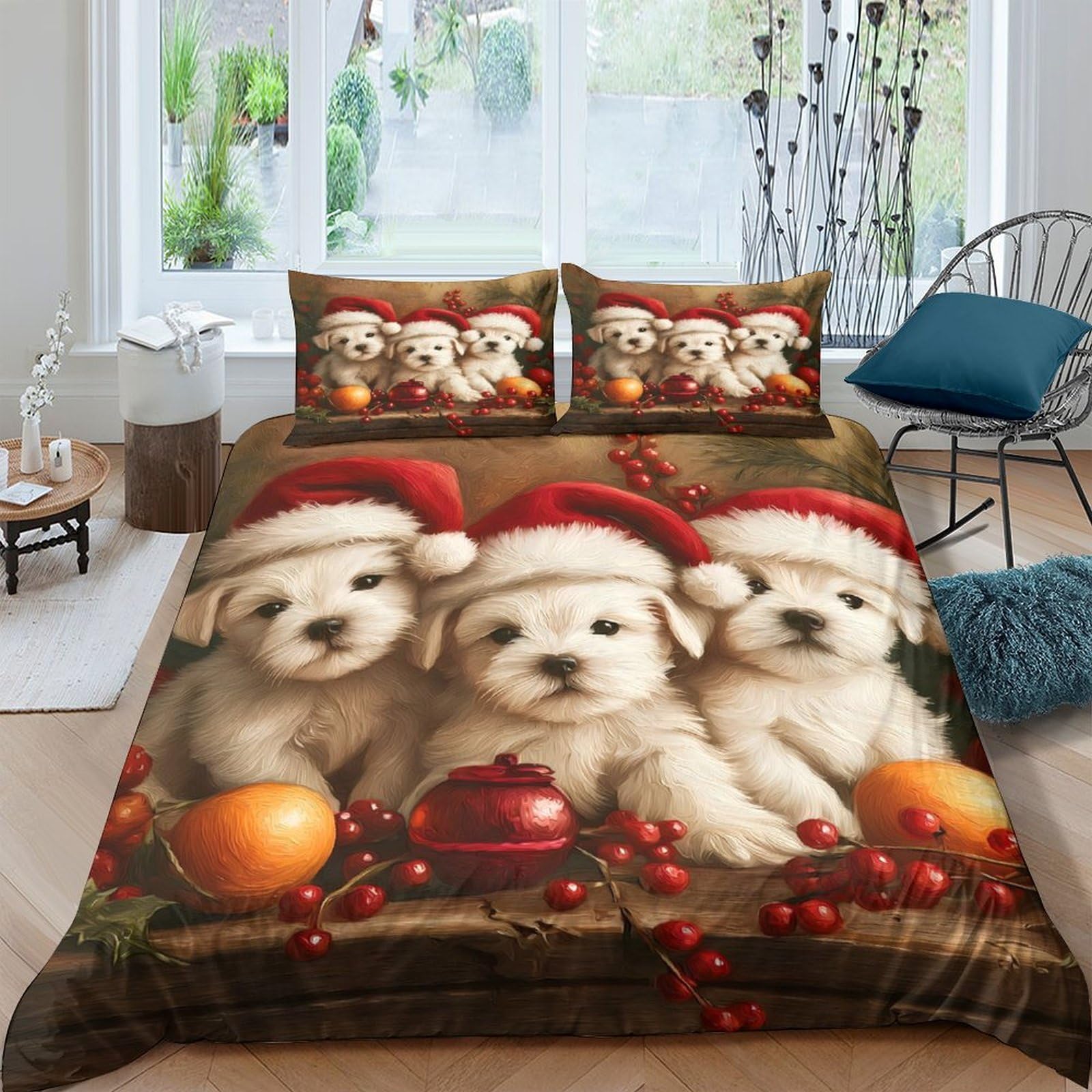 Ctjqhvkz Style-5 3D Printed Christmas Puppy Fitted Sheet Microfiber Soft Santa Hat Bed Cover For Bedroom Guest Room Decor Single（135X200cm）