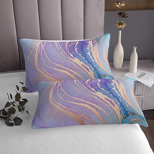 Miniatura 3 de Erosebridal Juego de colcha de mármol tamaño Queen con diseño de mármol morado y azul, juego de edredón de lentejuelas bronceadas con grano de