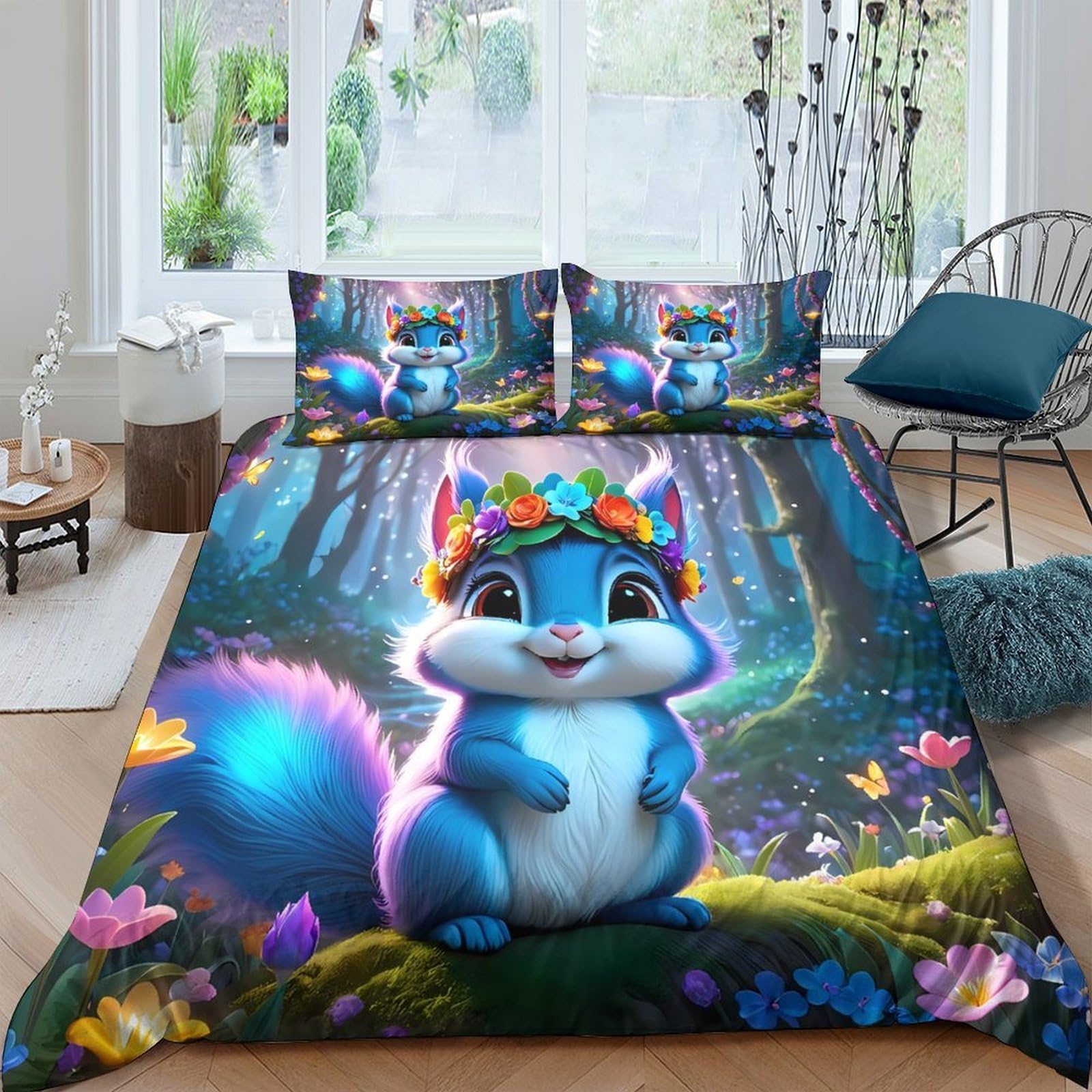 GPLZQXKJNH 3D Printed Blue Squirrel Duvet Cover Microfiber Soft Forest Animal Bedding Set with 2 Pillowcases for Bedroom Decor Single（135x200cm）