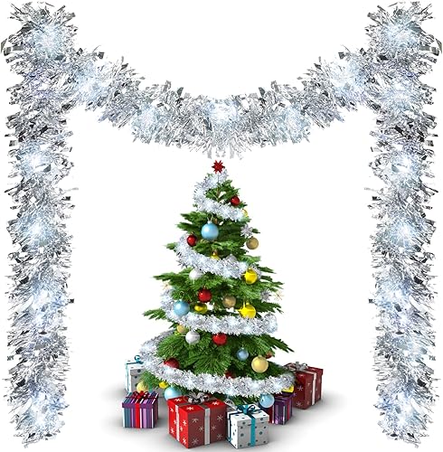 Miniatura 13 de Kingdder Guirnalda de oropel de Navidad de 16.4 pies iluminada metálica para decoración de árbol, funciona con pilas, 50 luces LED, guirnalda