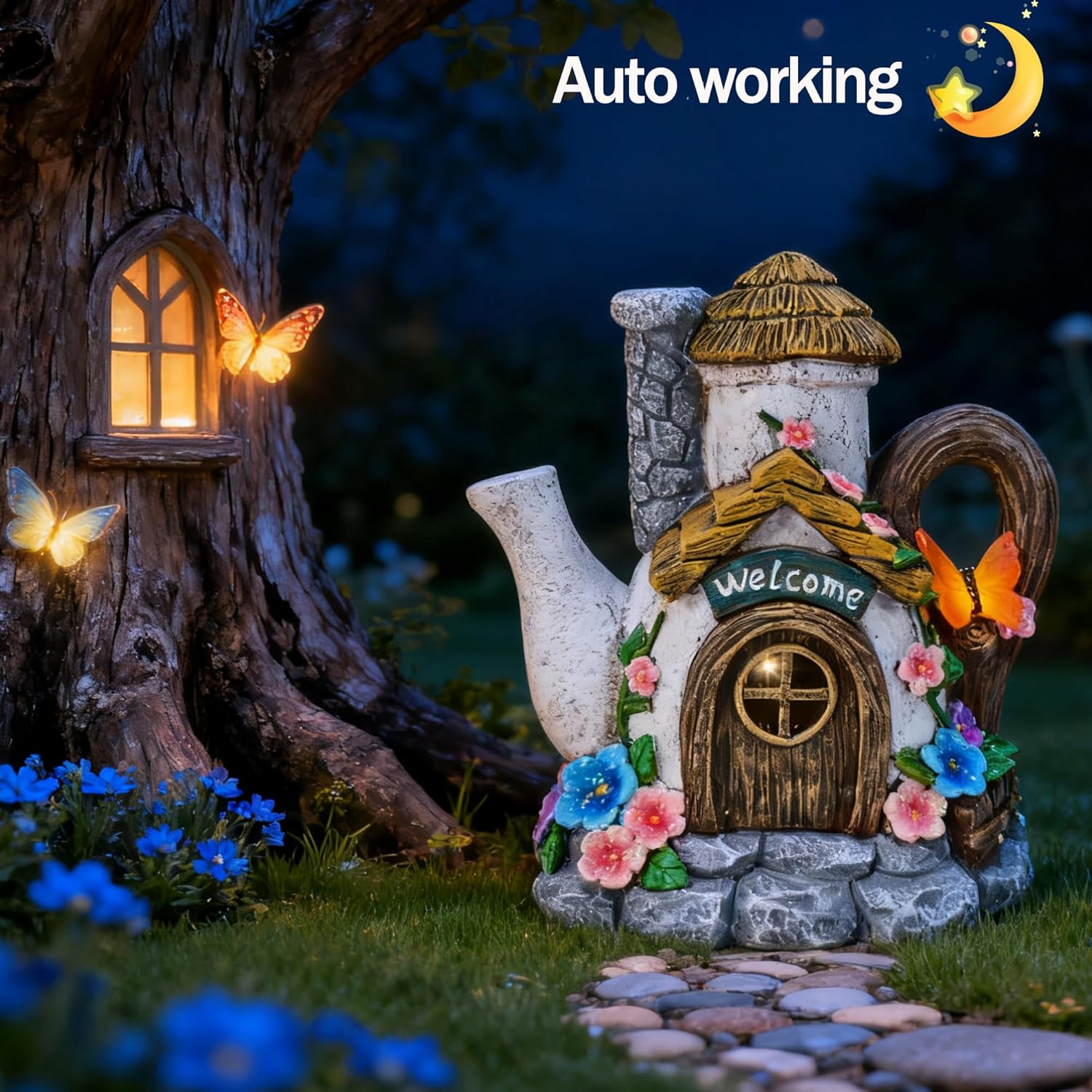 Suyorpe Fairy Garden Houses Solar Decor - Garden Statues Teapot House for Patio, Yard, Balcony Decoration, Outdoor Decor Yard Gifts for Mom Women