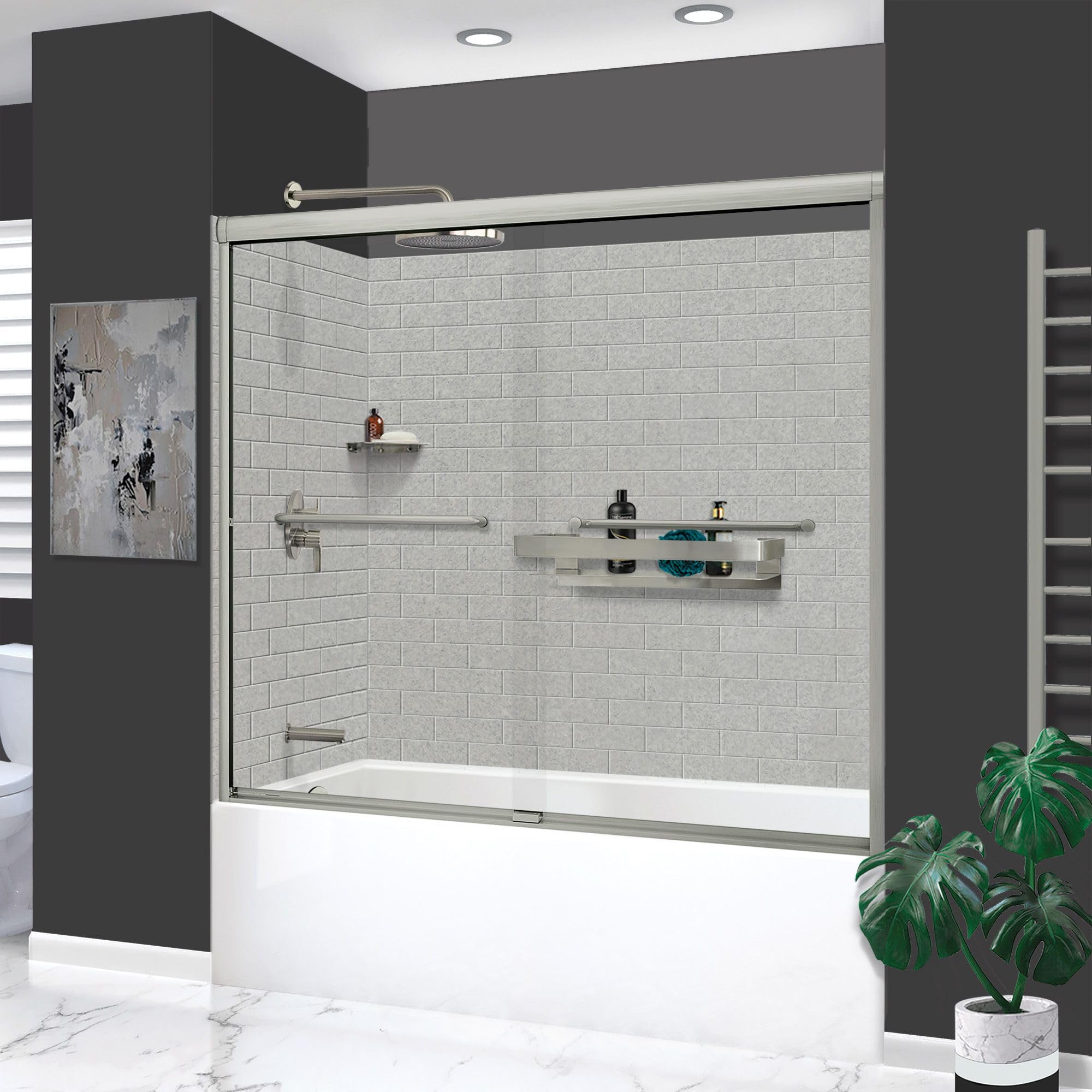 Transolid KTAFS603660L-27BS 60-in x 36-in x 80-in 7-Piece Glue-on Saramar Shower/Tub Kit with Door Faucet and Accessories, Grey Beach/Brushed Stainless