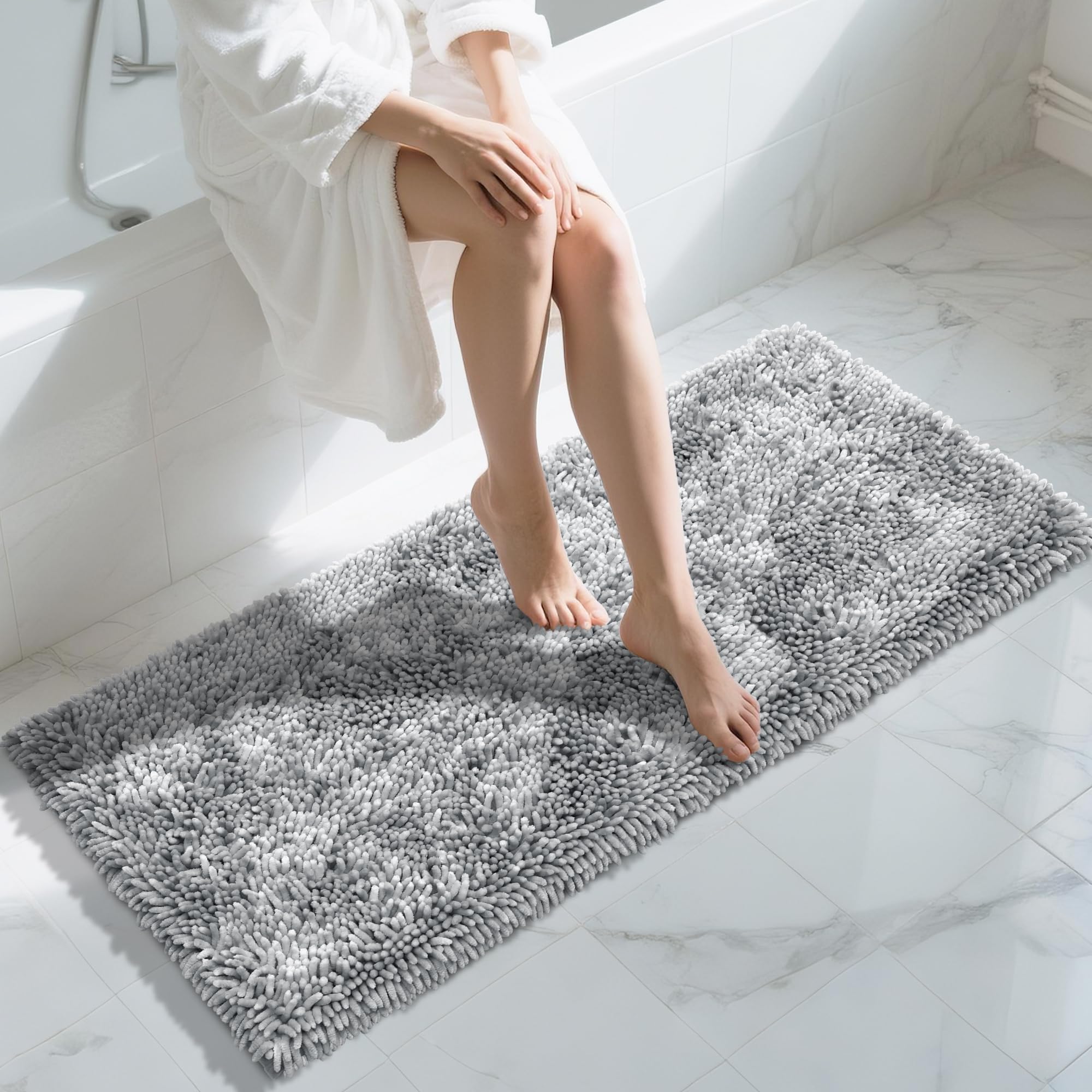 Yimobra Long Bathroom Rugs Runner 55x24 Inch, Extra Thick Soft Absorbent Chenille Bath Mat, Non Slip Machine Washable, Quick Dry Bath Rugs for Bathroom Floor, Tub and Shower, Light Grey