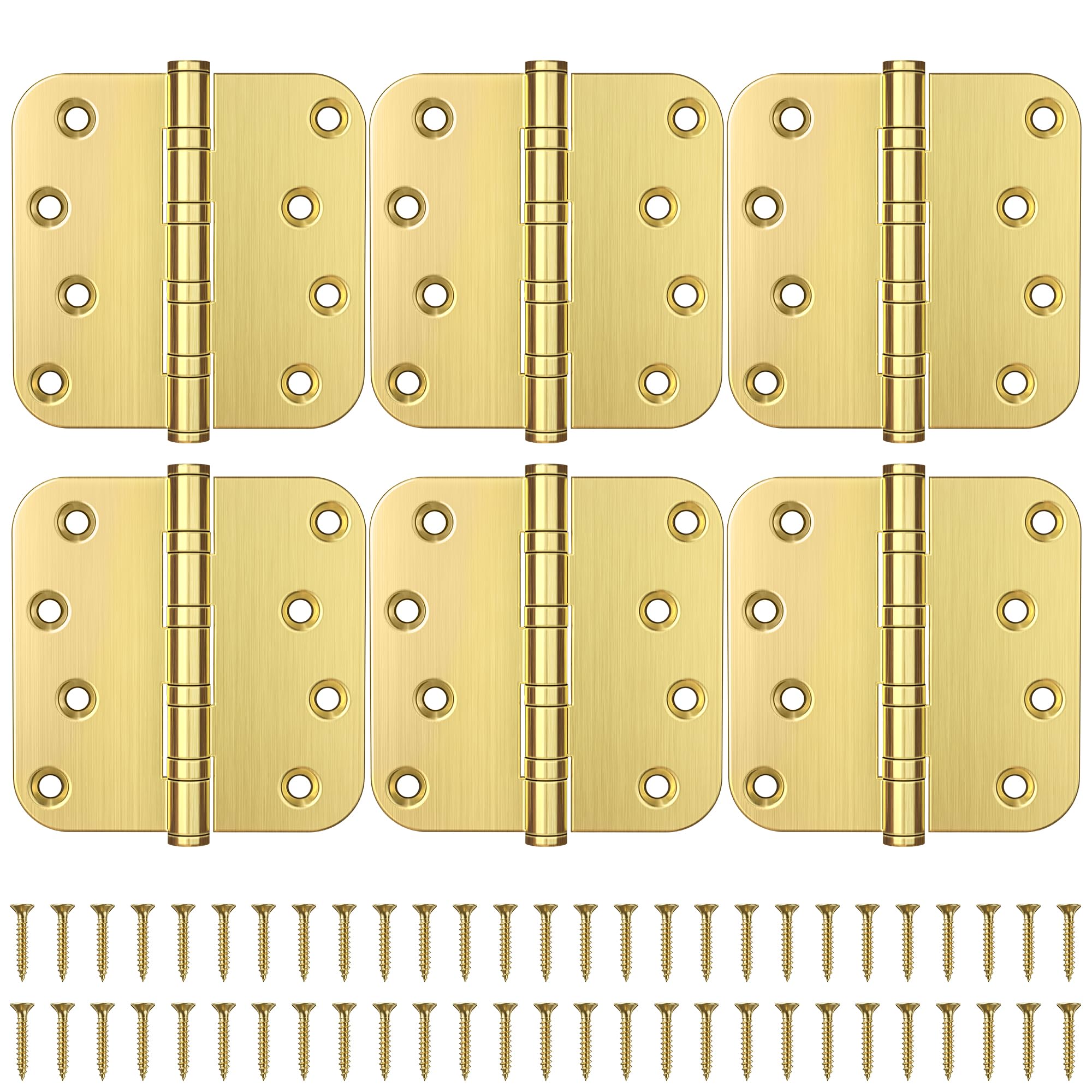 KOLET Gold Door Hinges, 4 x 4 Inches, 5/8" Radius Corner,Satin Gold, 6 Pack