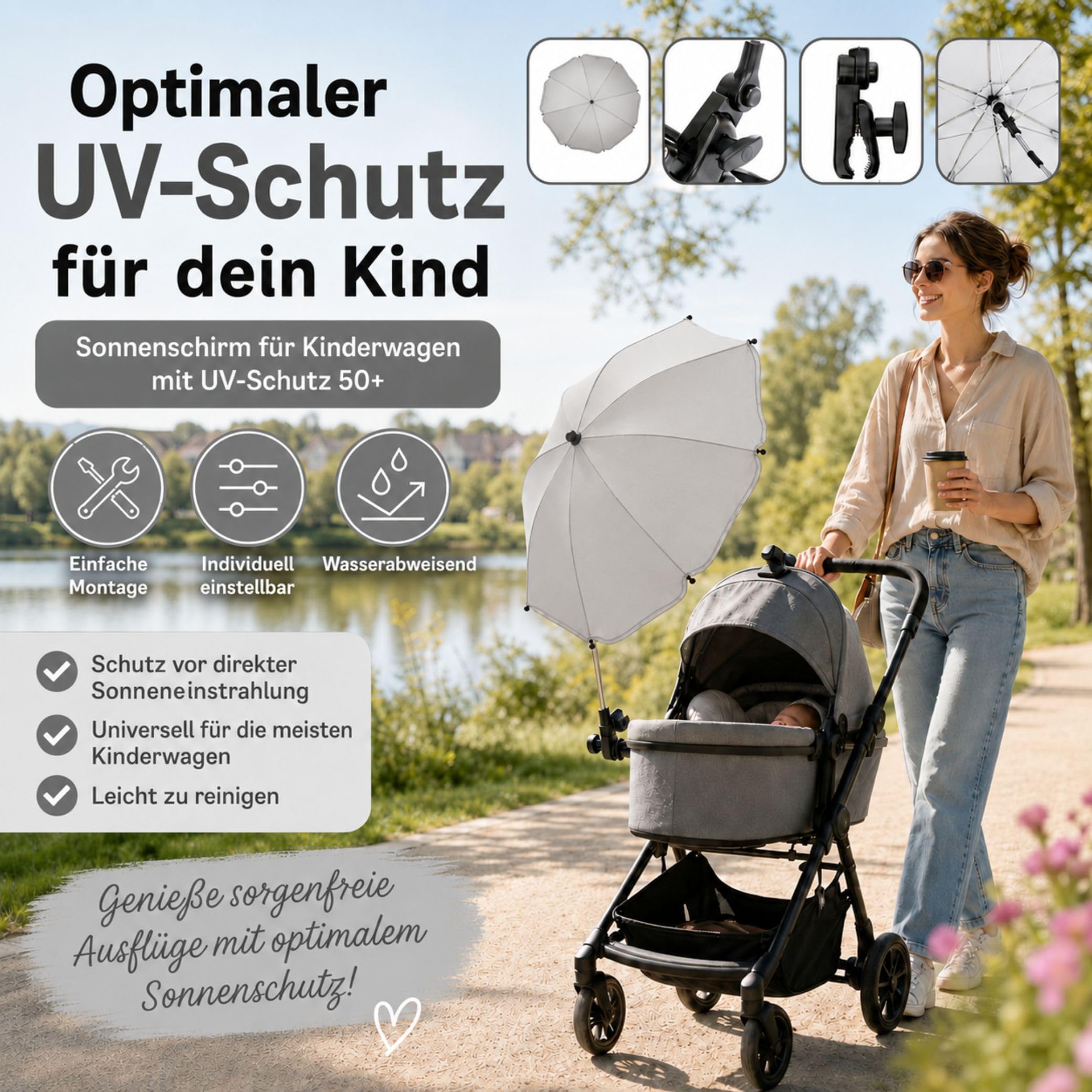 Fillikid Sonnenschirm Kinderwagen Exclusiv | UV-Schutz 50+ | Sonnenschutz Kinderwagen | Universalhalterung für Rund- und Ovalrohre, einstellbar | Leicht zu Reinigen | Kinderwagen Sonnenschirm