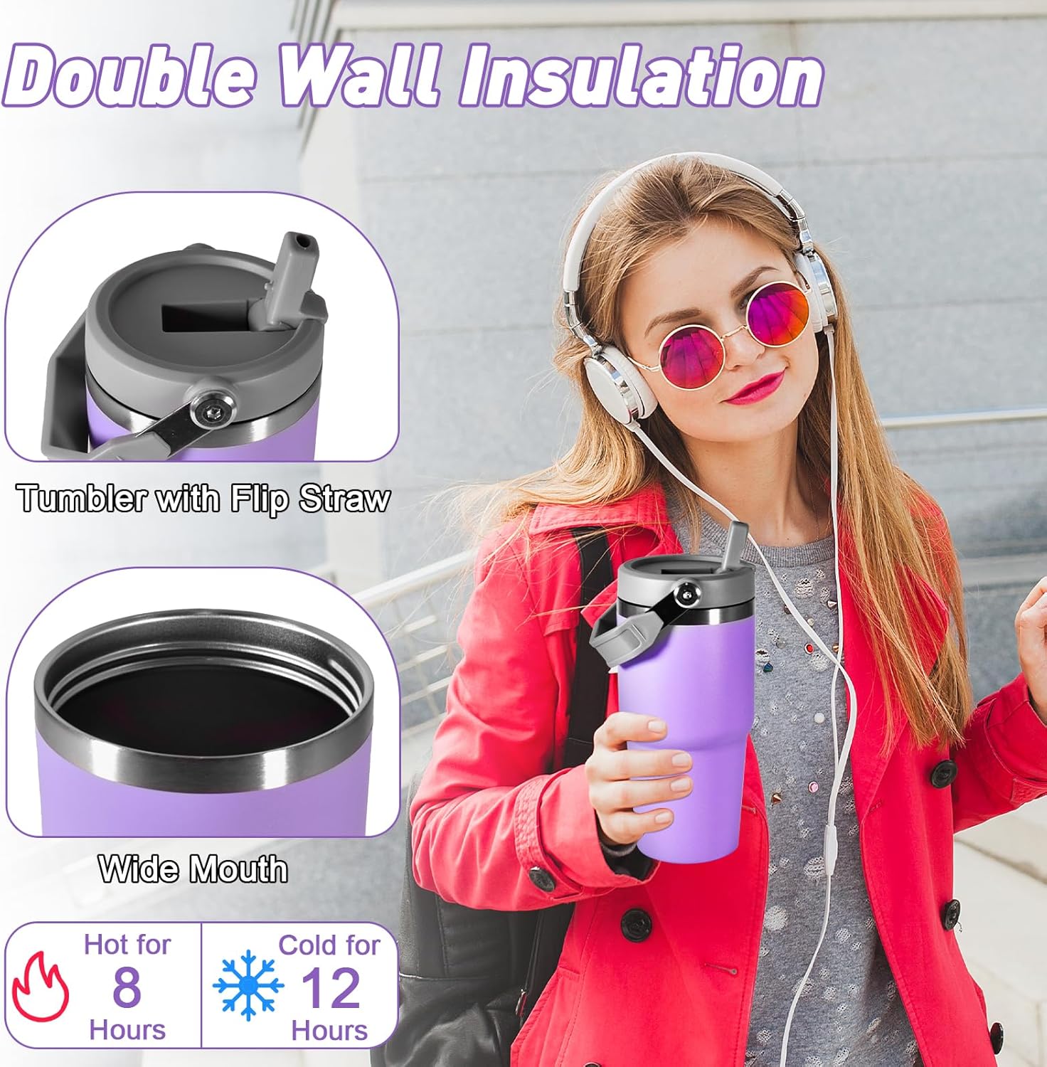 20 oz Tumbler with Handle, Insulated Tumbler with Lid and Flip Straw Leak Proof Double Wall Stainless Steel Vacuum Travel Coffee Mug Insulated Water Bottle Thermal Cup, Cupholder Friendly, Purple - Image 4