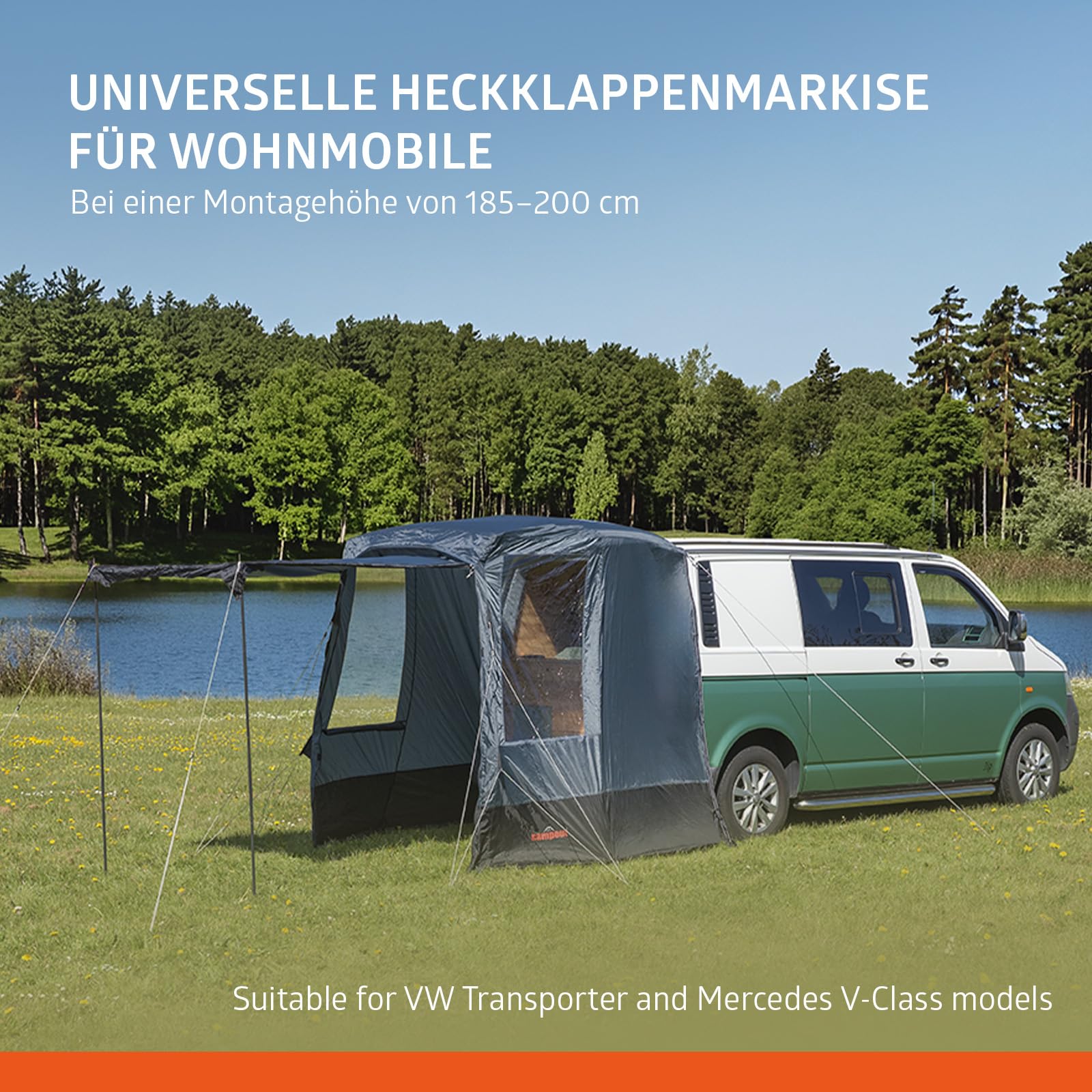 Campout Auto Heckzelt Bus Camper Campout – Heckklappenzelt VW T5/T6/T6.1 & Mercedes Vito/V-Class – 3000 mm Wasserdicht– inkl. Vordachstangen – Anbauhöhe 185–200 cm