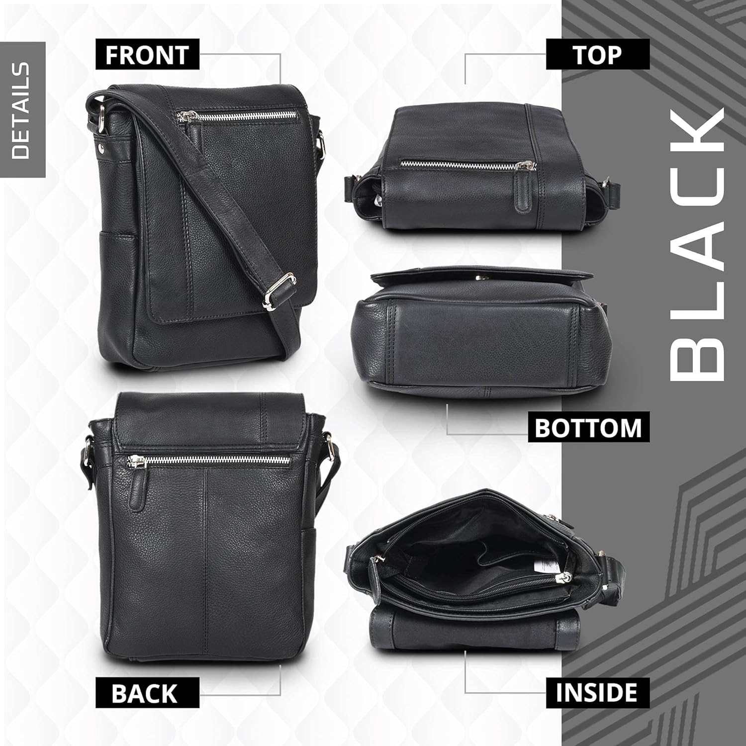 VALENCHI- Genuine Leather Medium Size Crossbody Shoulder bag for Men & Women. (Black Smooth) - Image 3