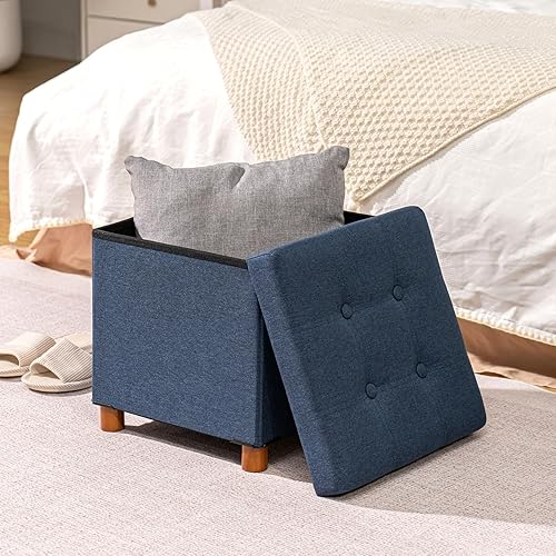 Miniatura 11 de PINPLUS Cubo otomano de almacenamiento, reposapiés de lino con patas de madera, reposapiés de tela plegable, asiento cómodo con tapa, otomana con