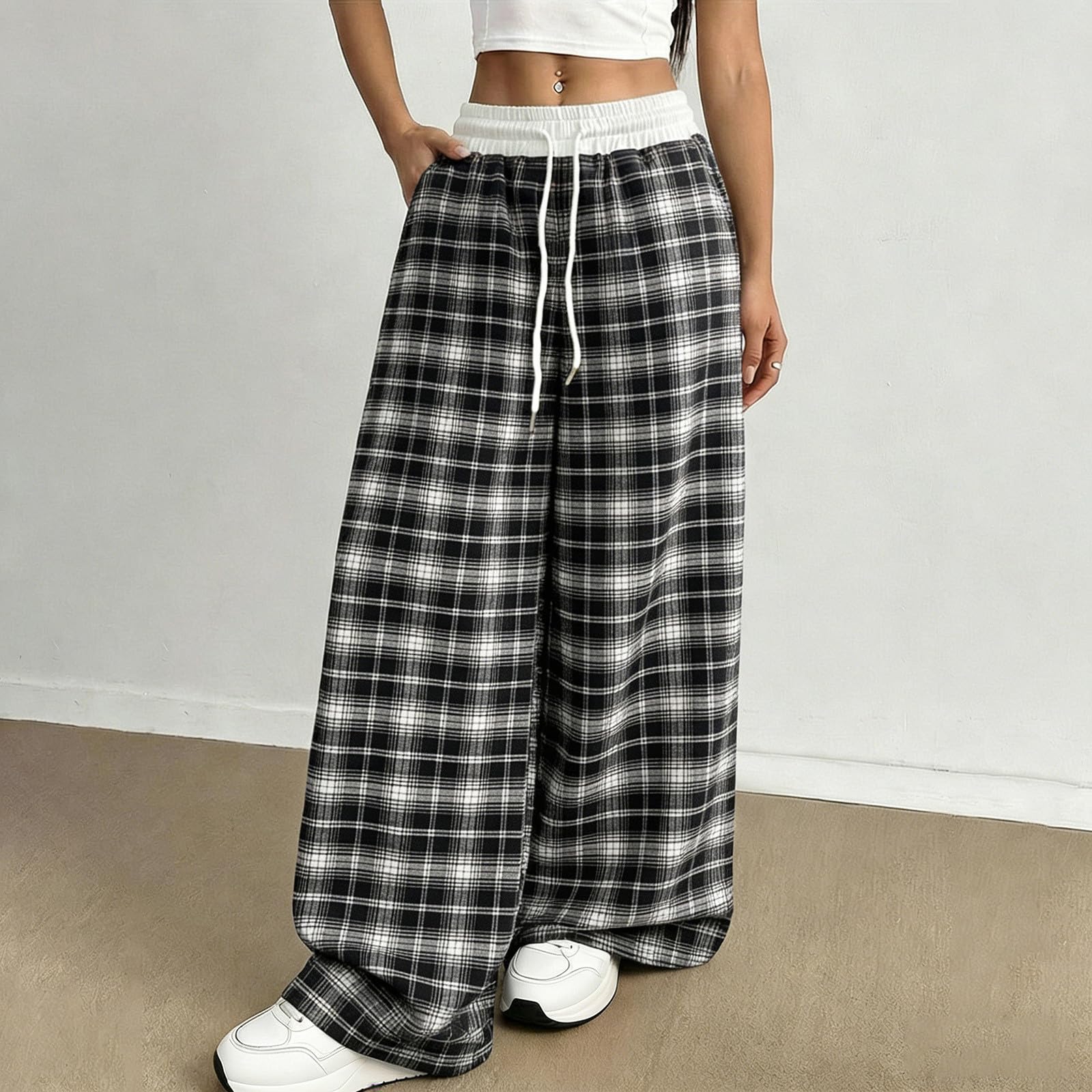 Linen Pants Women Summer Plus Size Patchwork Plaid Wide Leg Pants Baggy Lounge Trousers with Pockets Vintage Y2k Clothes — view 6