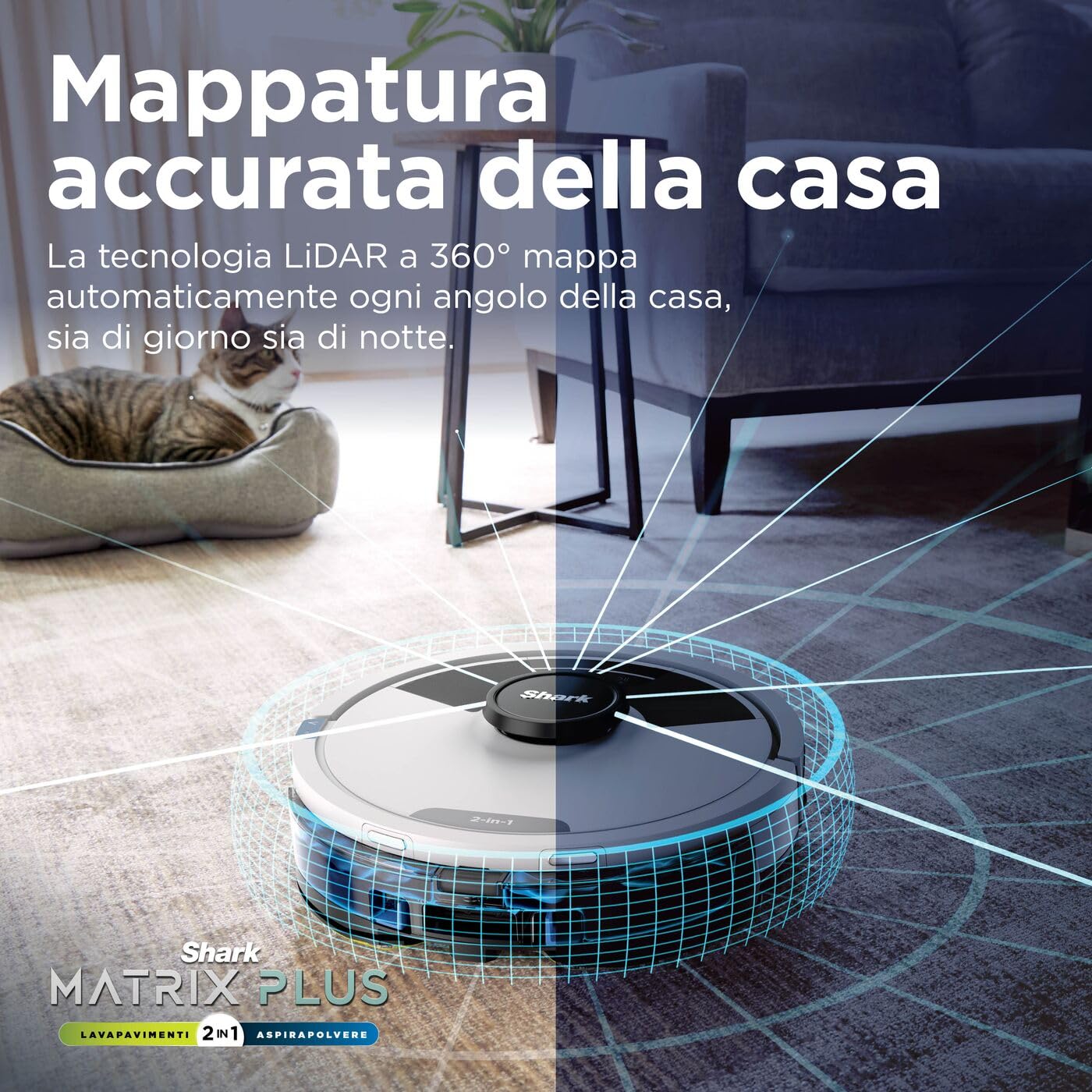 Shark Matrix Plus 2 in 1 Aspirapolvere Robot Lavapavimenti, Mappatura LiDAR e Edge Cleaning, Tappeti, Pavimenti e Animali Domestici, Antiallergeni, Ricarica Automatica, Wi-Fi e App con Alexa, Bianco