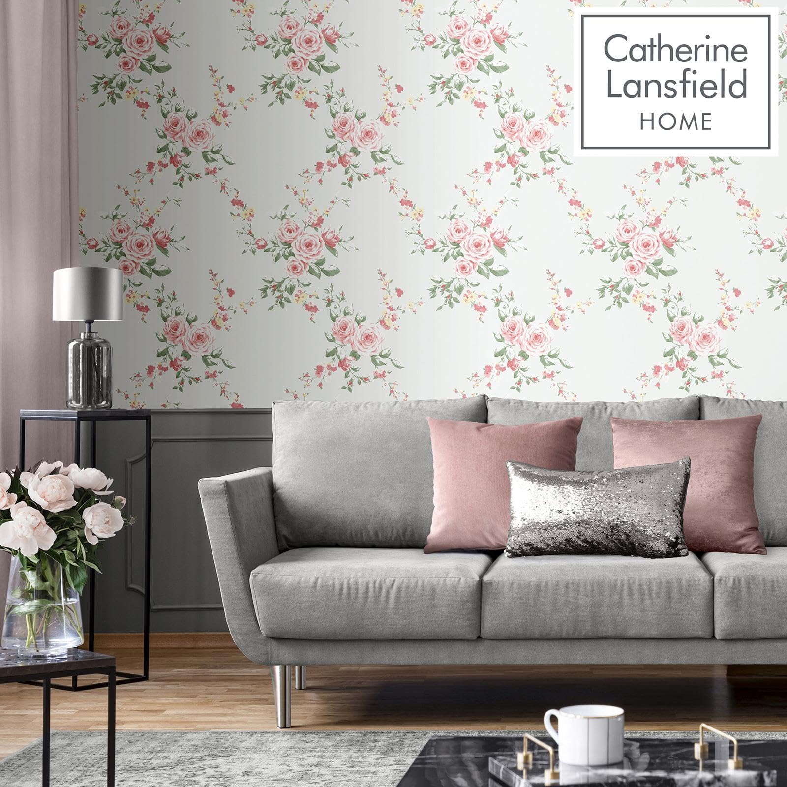 Catherine Lansfield Canterbury Floral Wallpaper Red/Grey, 53 x 105 cm - Image 2