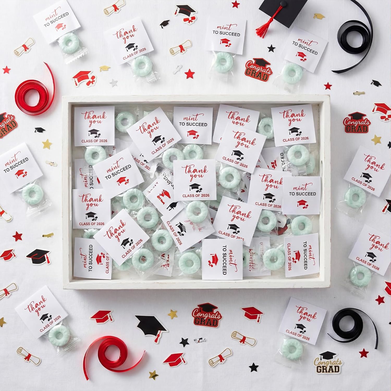 200 Pcs Class of 2026 Mint Stickers Graduation Mint Label Graduation Candy Favor Individually Wrap Mints Thank You Sticker for 2026 End of Year Celebration Grad Gathering Party Supply(Red)