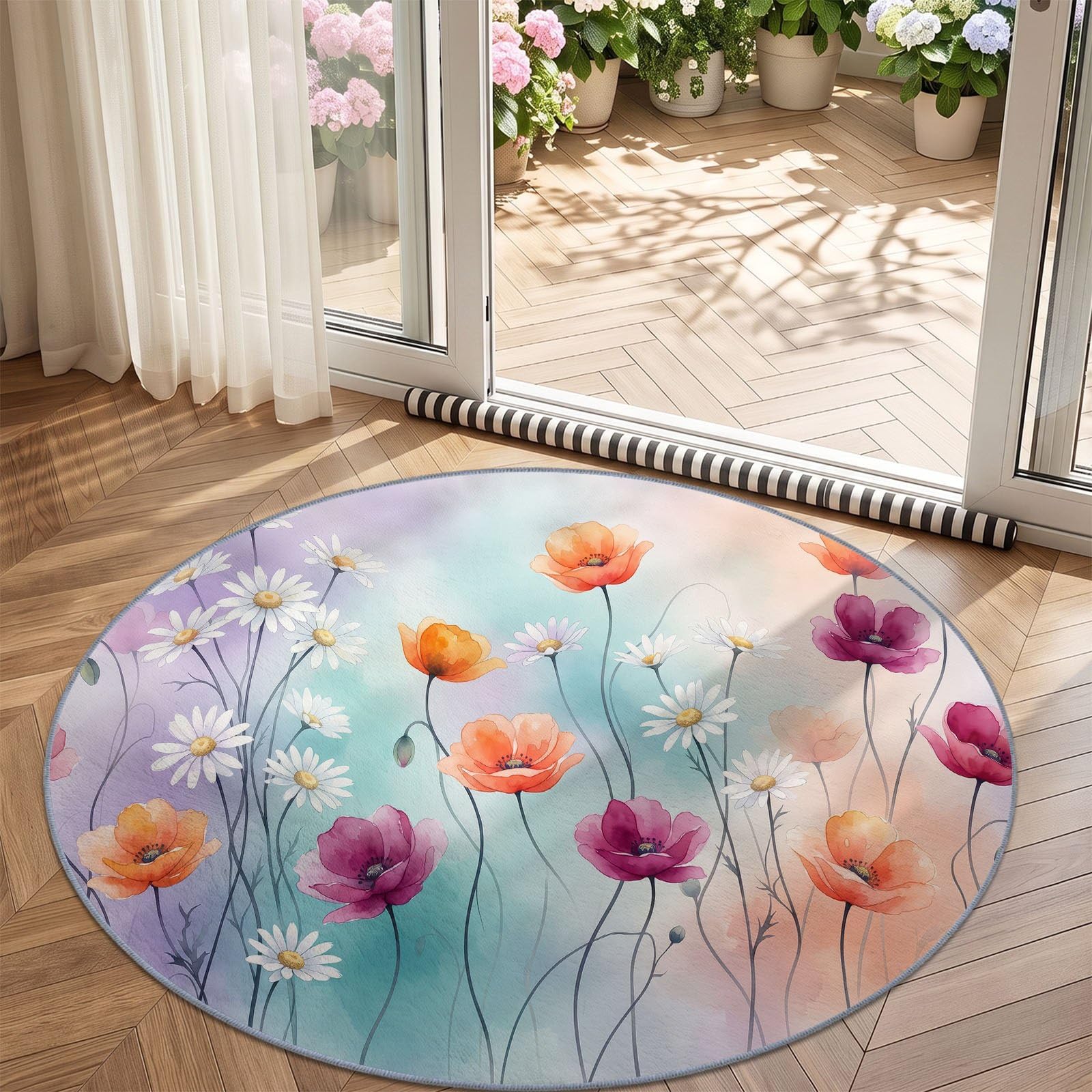 Okrągły dywan w stylu wiejskim do salonu, 90 cm, okrągły dywan z antypoślizgowym spodem, wielokolorowy, zmywalny dywan do sypialni, stokrotka, pączek, miękki nadruk, do salonu