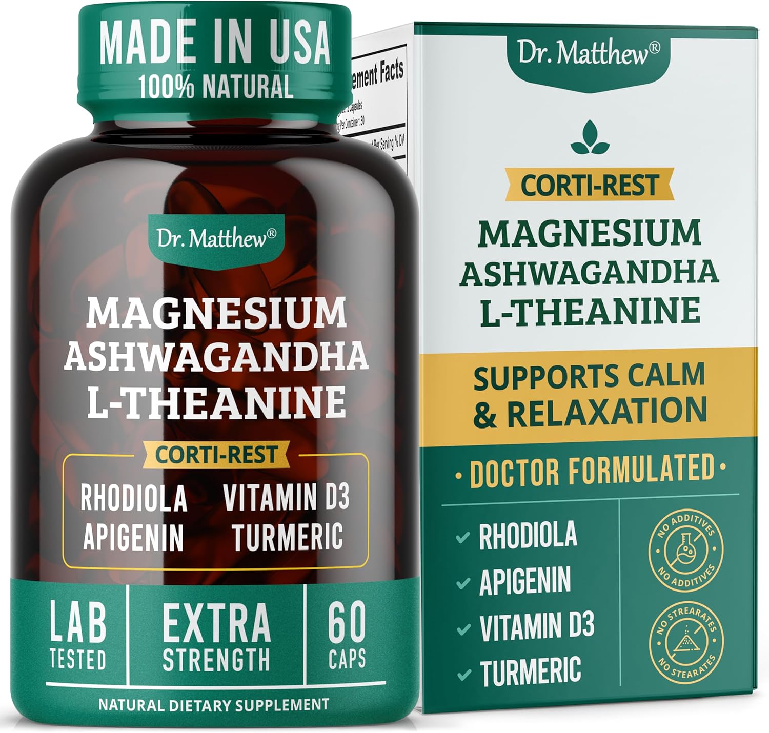 Product image of Cortisol & Adrenal Support Supplement –Ashwagandha KSM-66, Magnesium Glycinate & Citrate, L-Theanine, Rhodiola, Apigenin, Turmeric, Vitamin D3—Mood Balance, Calmness, Restful Sleep & Relaxation–Vegan