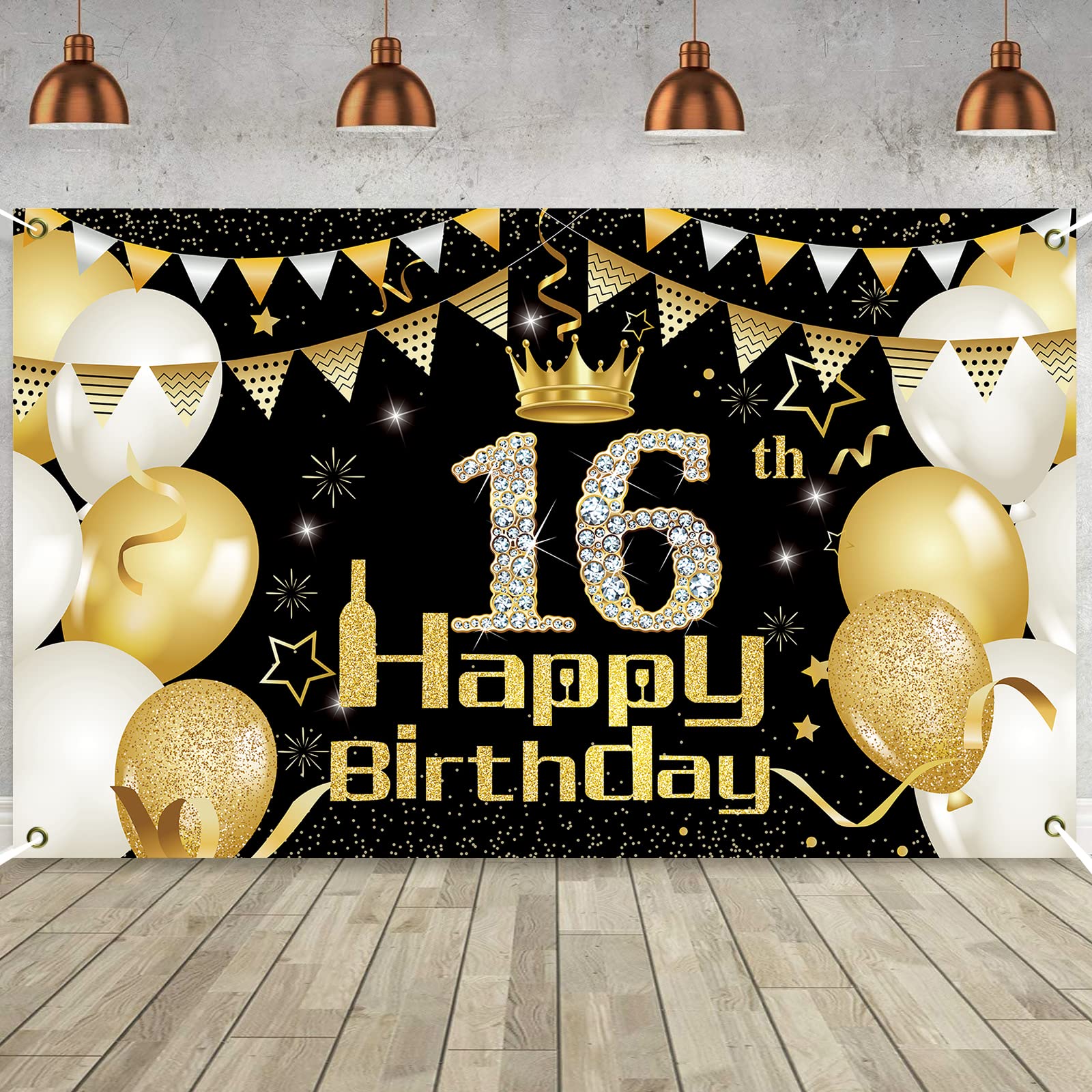 16 Anni Decorazioni Oro Nero, Striscione di Compleanno, Buon Compleanno Festa per Ragazzo Ragazza, Poster di Tessuto Sfondo Fotografico