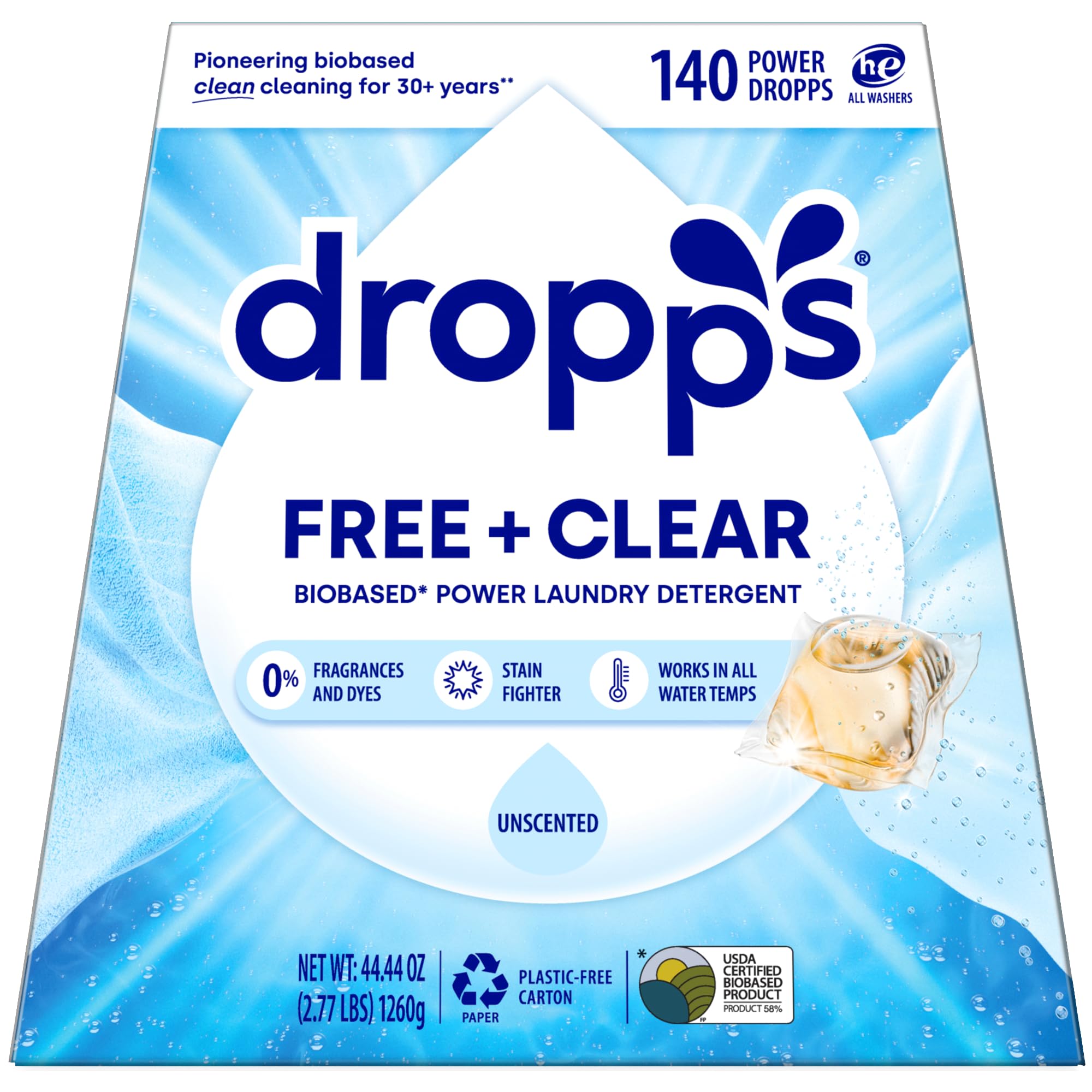 (Unscented/Dye Free, 140 Count) - Dropps HE Stain & Odour Laundry Detergent Pacs, Unscented and Dye-Free, 140 Loads
