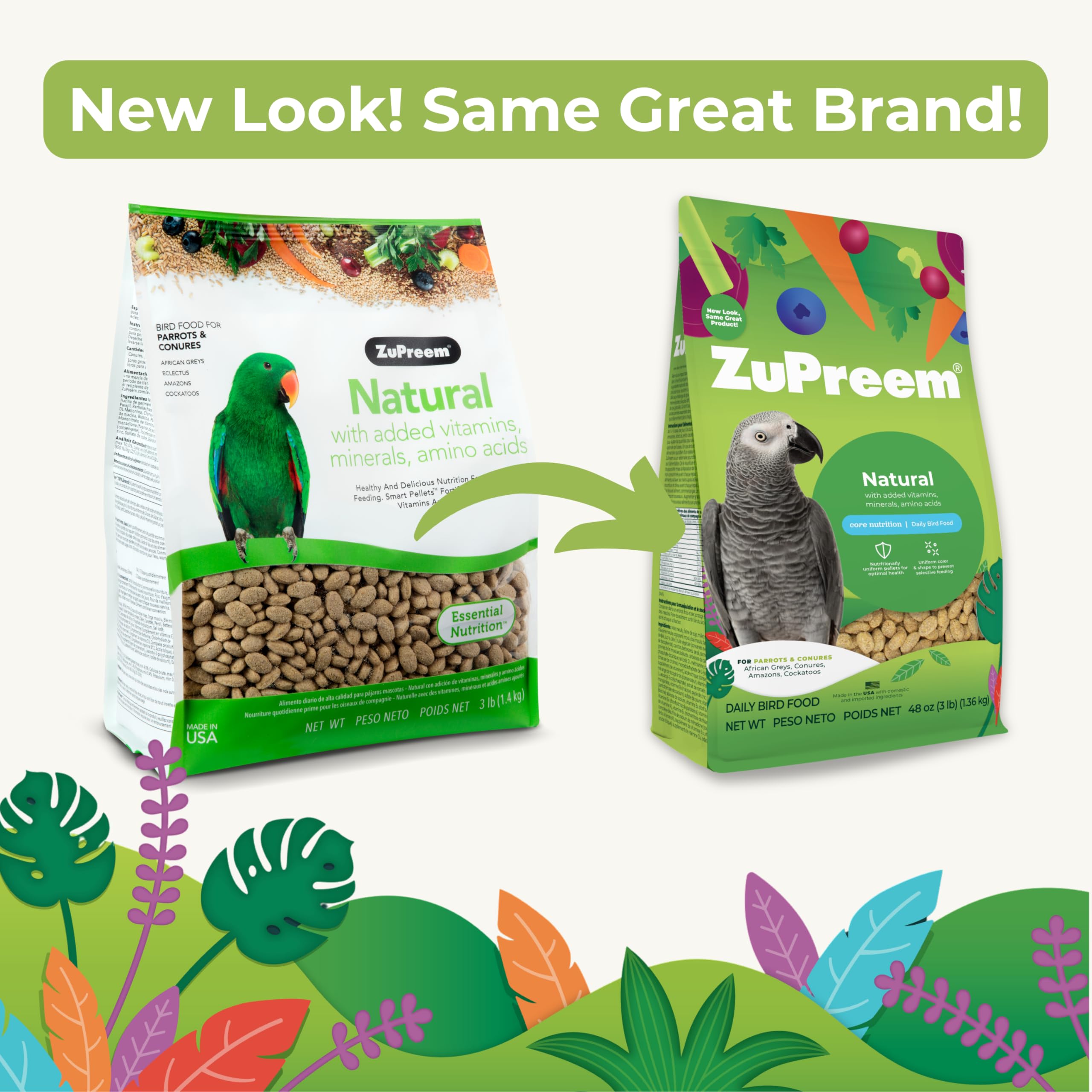 ZuPreem Natural Bird Food Pellets for Parrots & Conures, 3 lb (Pack of 2) - Daily Nutrition, Made in USA for Caiques, African Greys, Senegals, Amazons, Eclectus