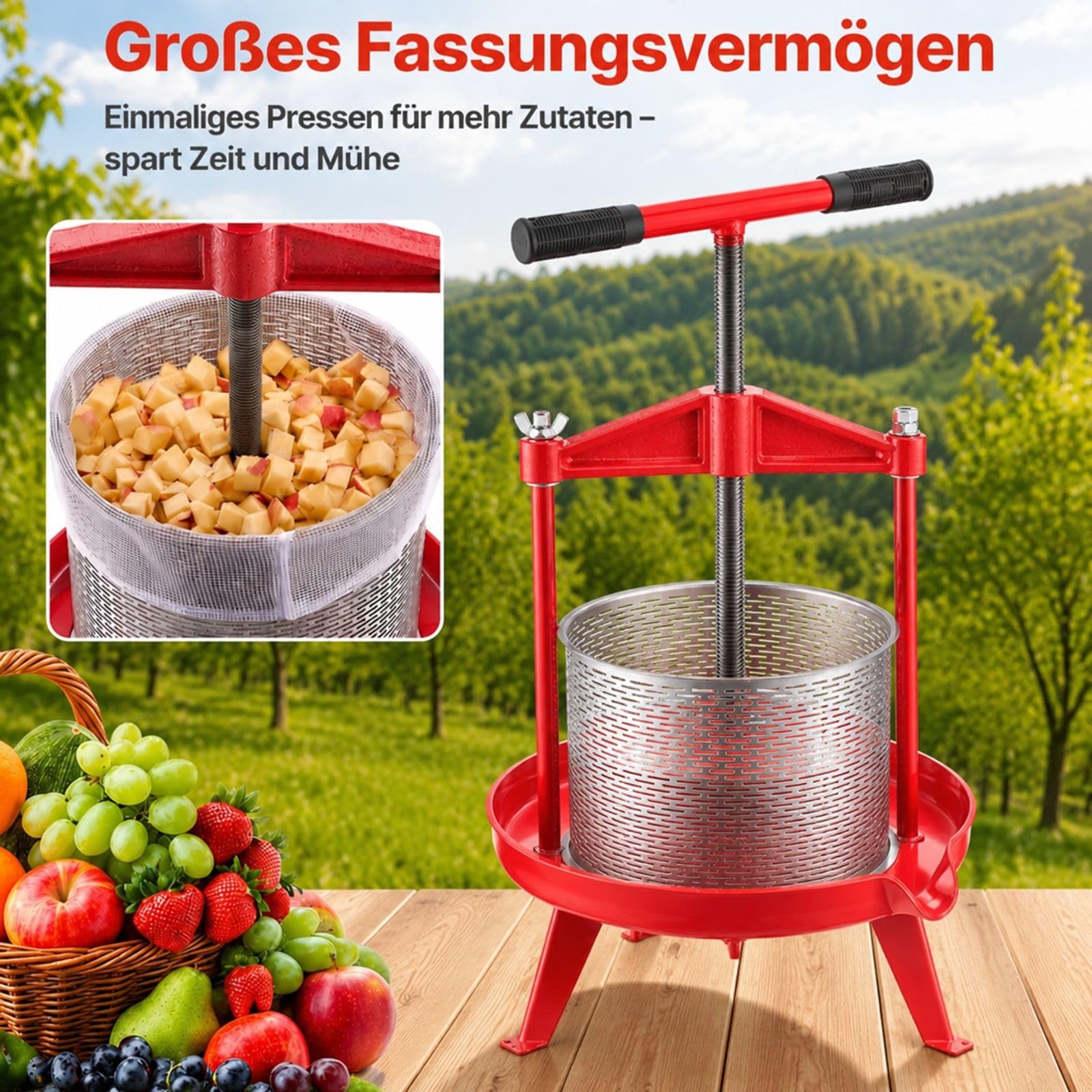 Manuelle Obstpresse 9 L aus Edelstahl für Saft und Weinherstellung zu Hause