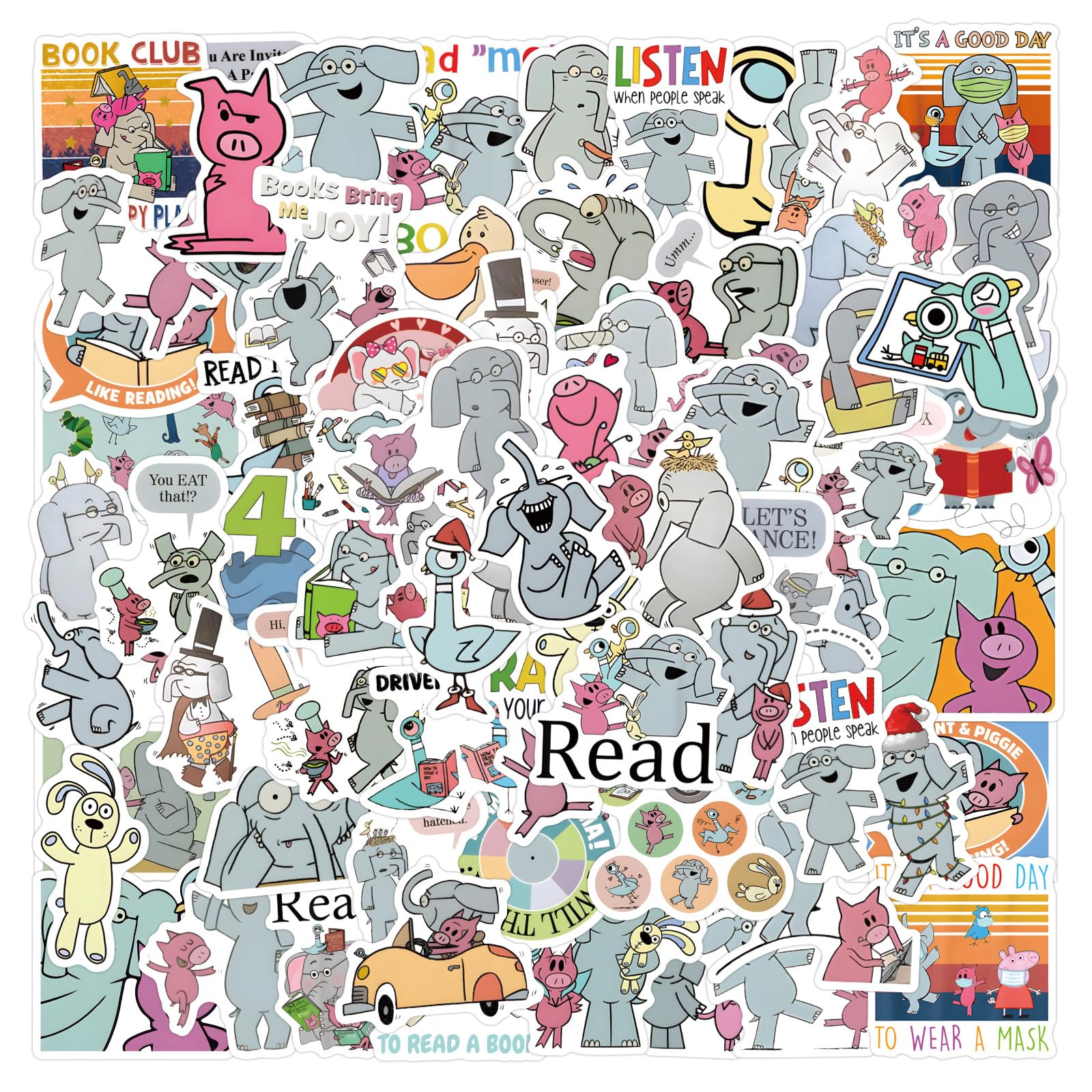 120pcs Elephant and Piggie Stickers Aesthetic Waterproof Stickers Luggage Skateboard Water Bottle Stickers Decal Bicycle Bumper Snowboard Decorate