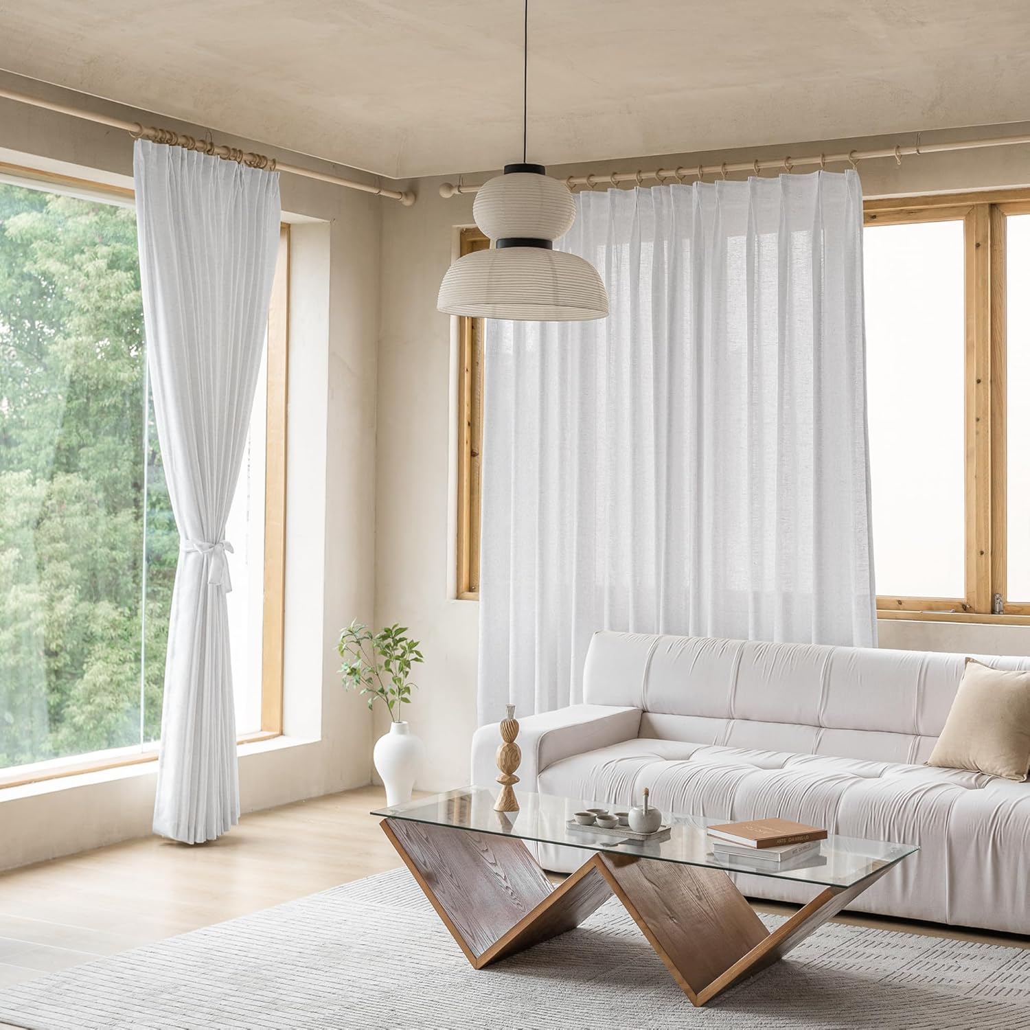 MAIHER Light Filtering Pinch Pleat Curtains 96 Inches Long, Linen Blend Beige White Semi Sheer Pleated Drapes Patio Door Window Curtains for Living Room 1 Panel, 72" W x 96" L White 72"W x 96"L (Pack of 1)