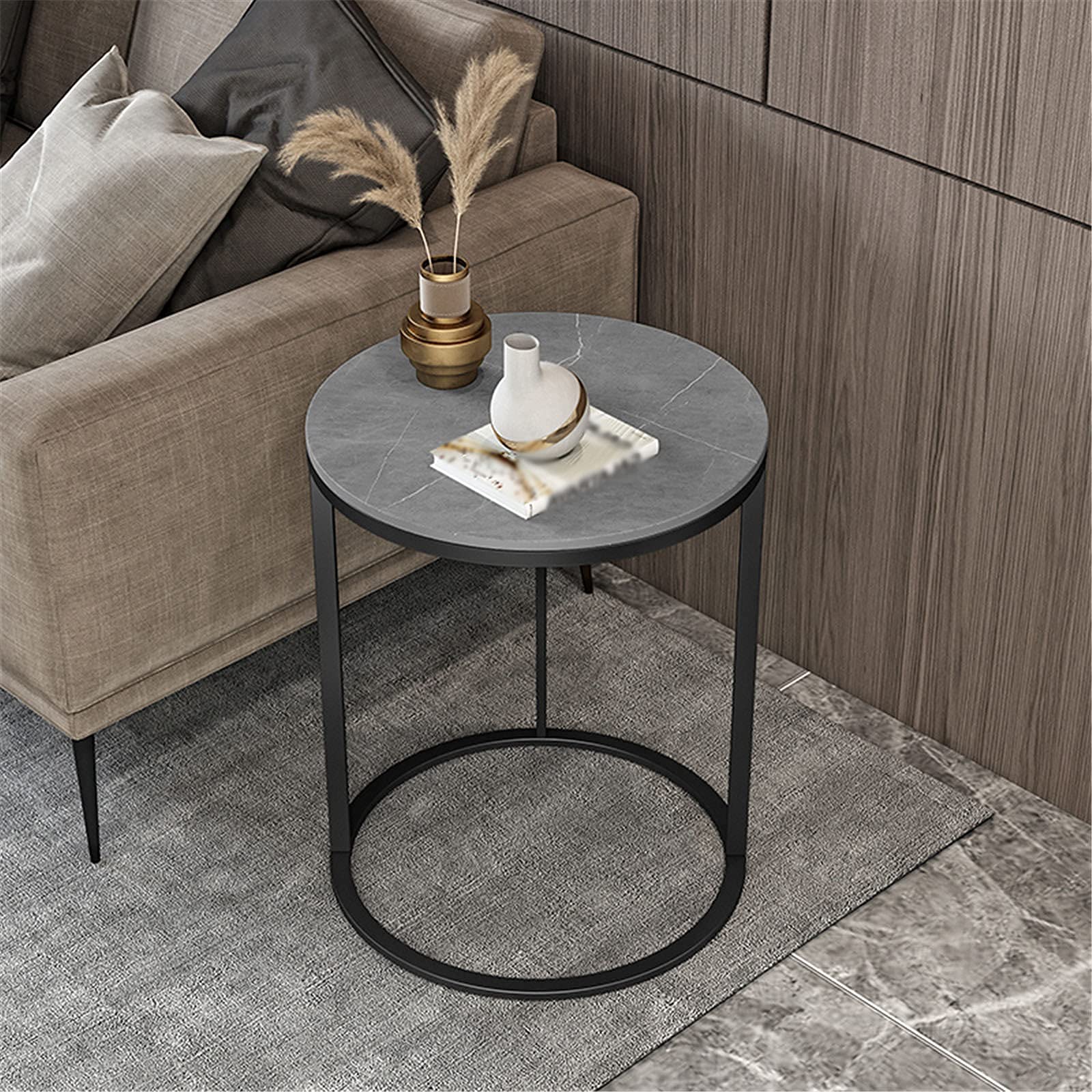 Runder Marmor-Couchtisch, 55 cm hoher Couchtisch, Wohnzimmer, Arbeitszimmer, Ausstellungstisch, Akzent-Sofatisch mit Eisenrahmen, runde Marmortischplatte, D, 45 x 45 x 55 cm, hergestellt in China