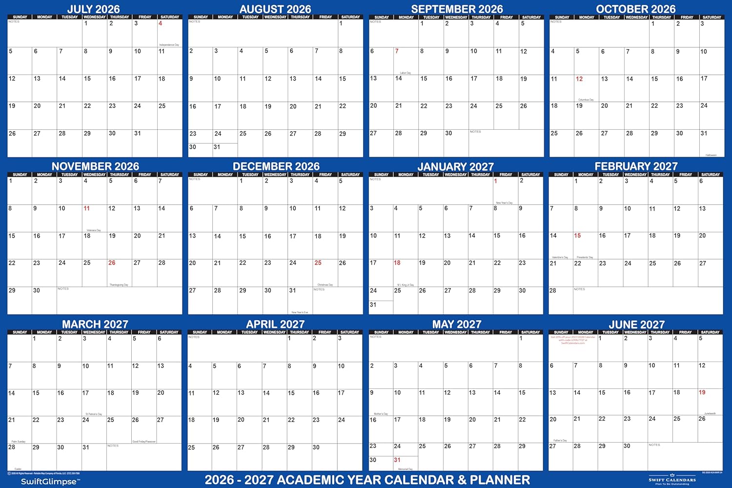 32x48 SwiftGlimpse 2026-2027 Academic Wall Calendar Dry Erase Erasable, XLarge, Wet & Dry Erase Laminated, JULY 2026 to JUNE 2027 ONLY