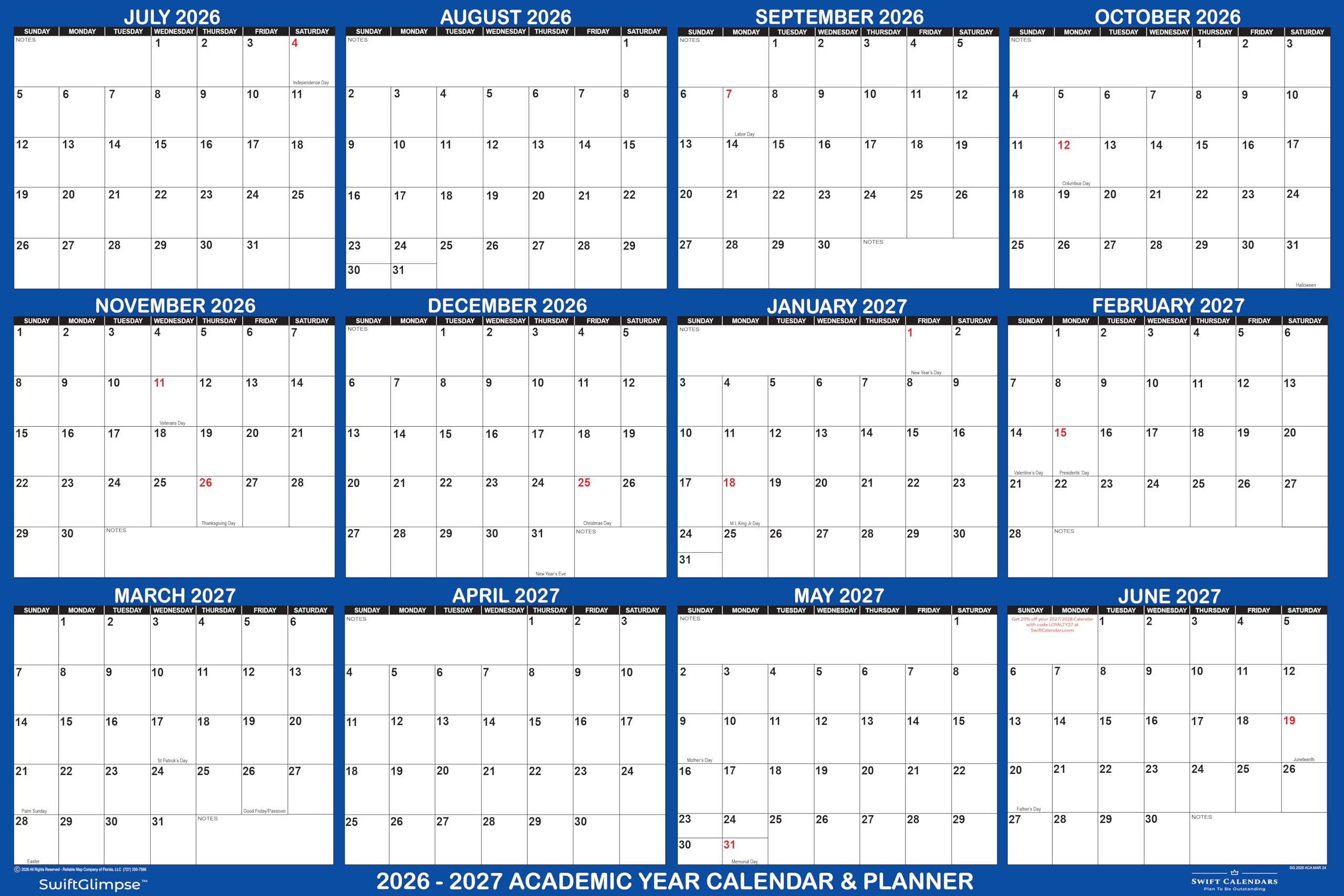 36" x 54" SwiftGlimpse 2026-2027 Academic Wall Calendar Erasable Extra Large Wet & Dry Erase Laminated 12 Month School Planner, Horizontal, July 2026