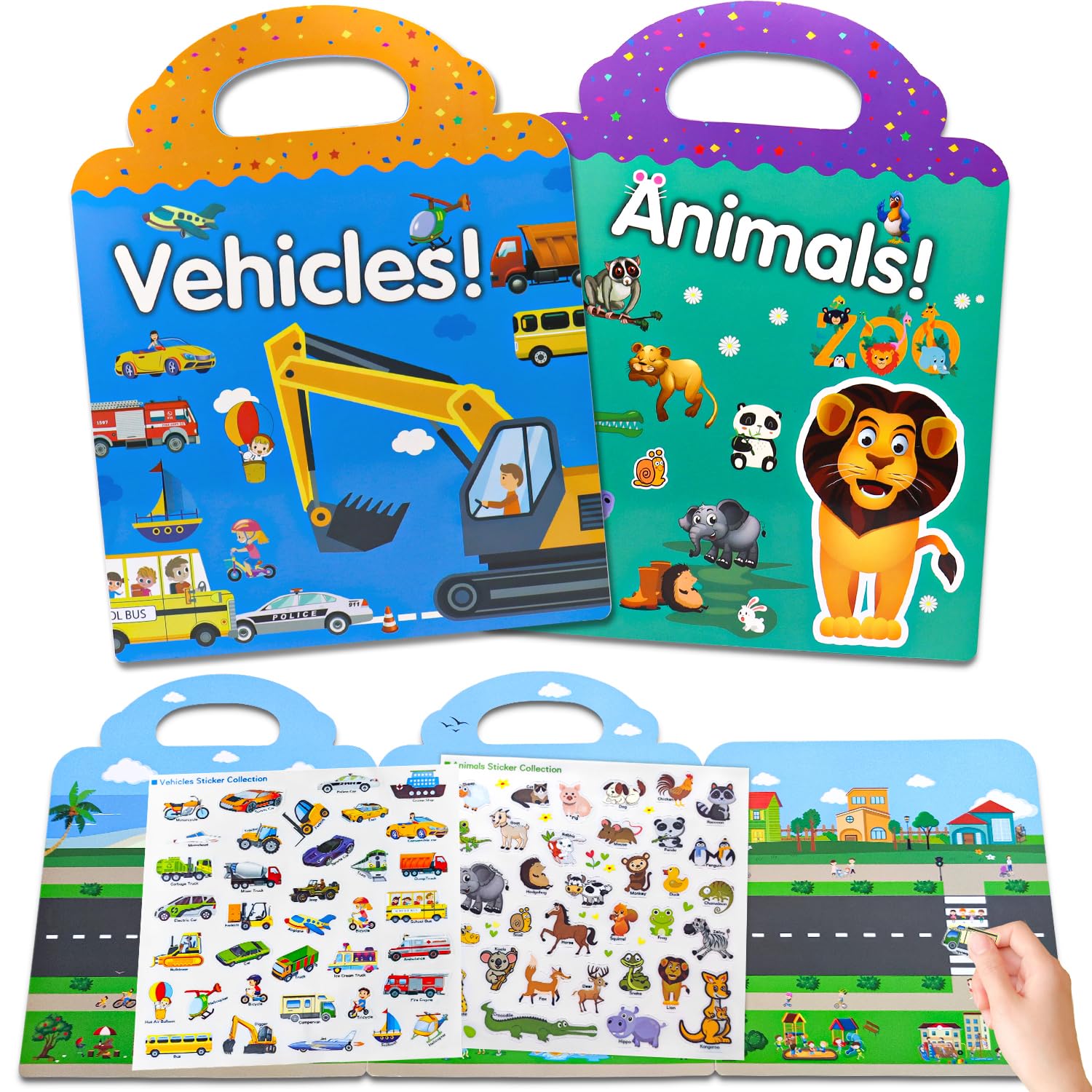 Libro Pegatinas Reutilizables 2 Pack Libro de Pegatinas Infantiles de Animales y VehIculos, Juguetes Niños 3 4 5 6 Años, Stickers Infantiles, Pegatinas Impermeables PVC, Regalos Niños 3 4 5 6 Años