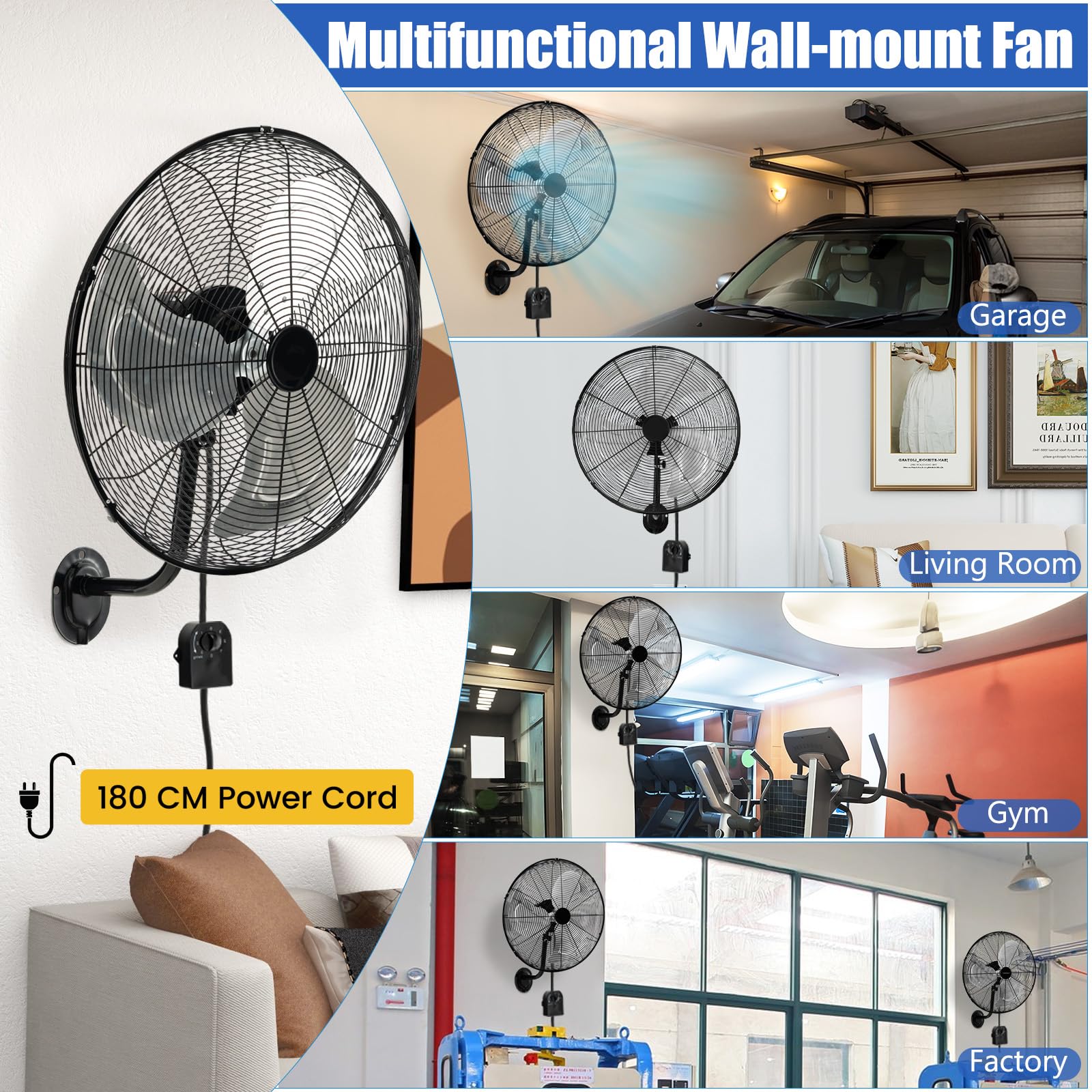 SOARS Ventilatore da Parete 120 W, 3 Velocità, Angolo Verticale di 30° e Orizzontale Automatico di 85°, Ventilatore Industriale per Magazzino, Officina, Cantina, Ufficio, φ56 CM (Nero)