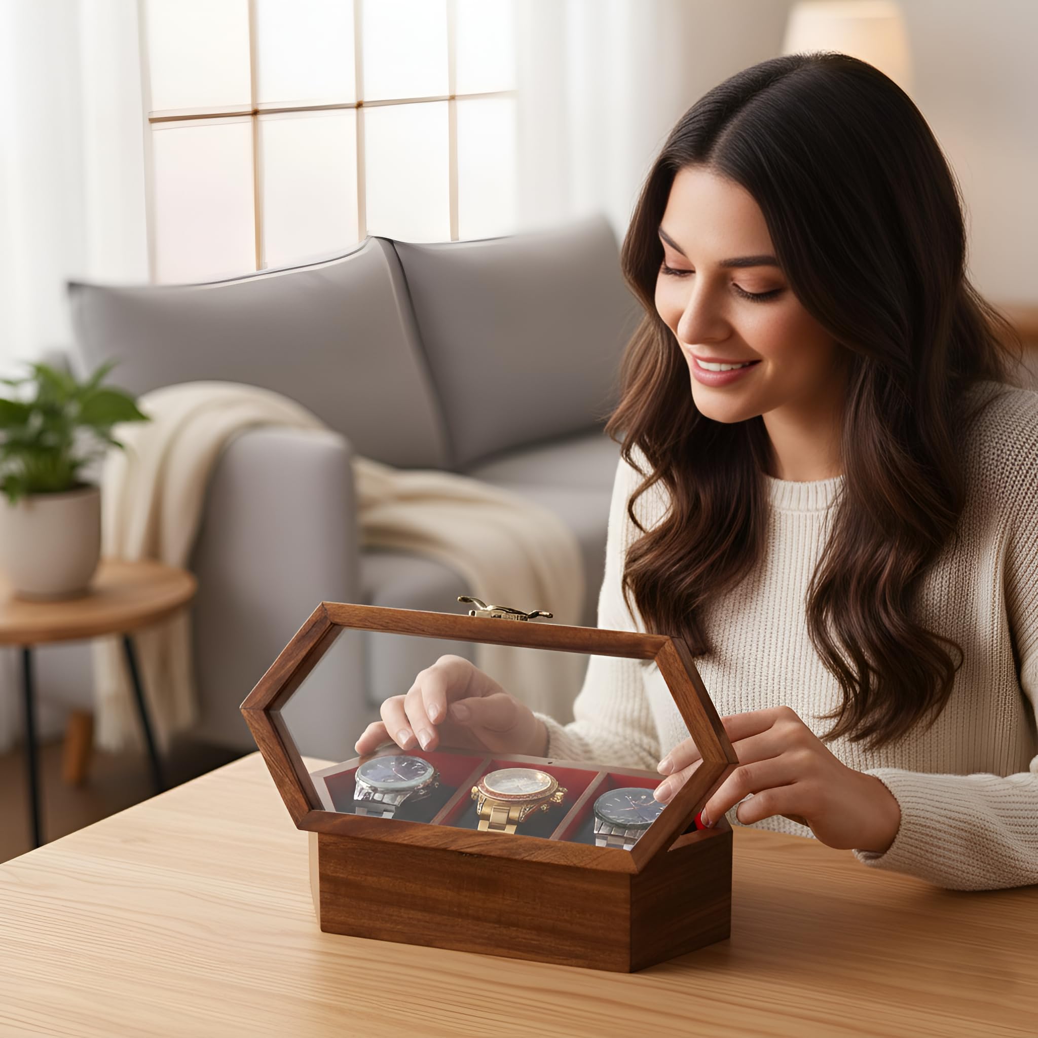 Caja expositora de madera para reloj, construcción de palisandro y arce, tapa de cristal con cerradura vintage, estuche de almacenamiento de joyas, hecho a mano de arce y