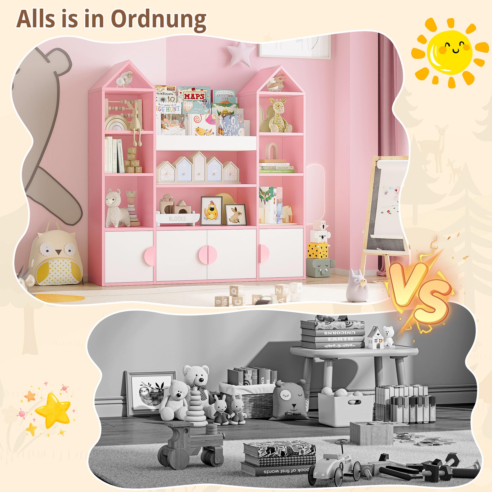 IRONCK Kinderregal, Bücherregal Kinder mit 4 Türen, Spielzeugregal Holz, Burgendesign Aufbewahrungsschrank, Spielzeugschrank, Kinderzimmer Möbel, 10 offene Regalböden, 123.5x33x127cm (Rosa)