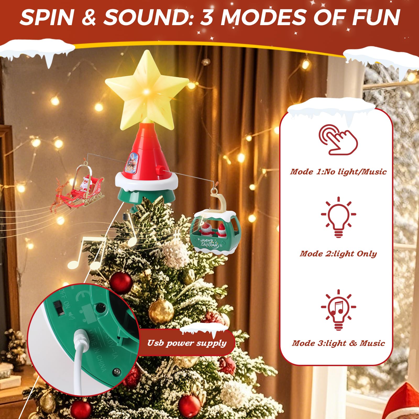 Decoración giratoria para árbol de Navidad con estrella LED, trineo de Papá Noel y teleférico, decoración musical alimentada por USB