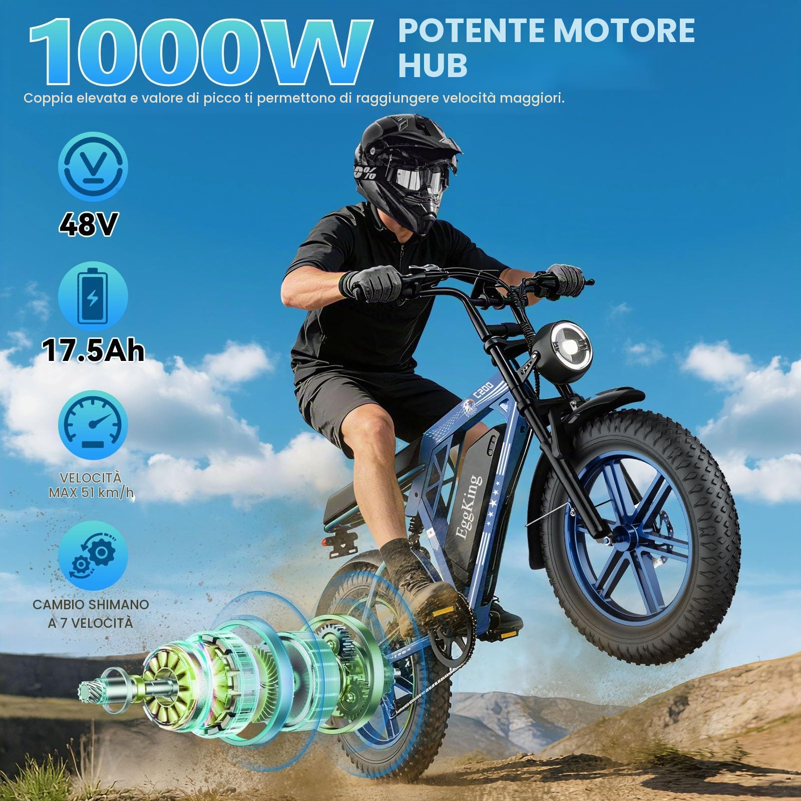 EGGKING Bicicletta Elettrica 20" x 4" Fat Tire, Autonomia 60-80 Km, Doppia Sospensione e 7 Velocità, E-Bike per Adulti, Batteria Rimovibile 48V 17.5 Ah, Display e Controllo APP
