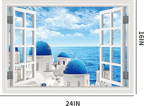 Miniatura 2 de FLFK Adhesivo de pared falso para ventana, mural de pared de ventana de mar y castillo para decoración de pared, calcomanías de pared para pegar y