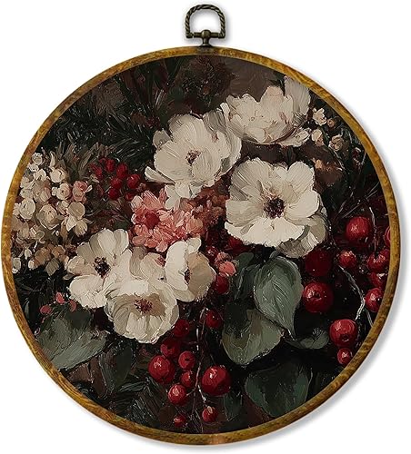 shiviody Lienzo decorativo de pared vintage con diseño floral de Navidad, rústico, para invierno, Navidad, vacaciones, retro, de temporada, redondo,