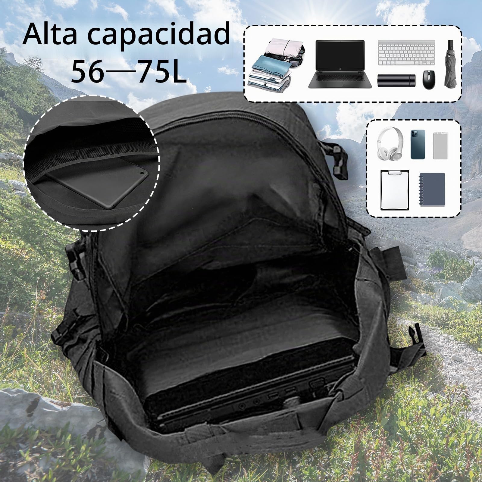 Mochila Militar, 60L Mochila Viaje Tactica Paquete de Asalto MOLLE con Gran Capacidad Macutos de senderismo para Caza Senderismo y Actividad al Aire Libre acampada montañismo y viajes