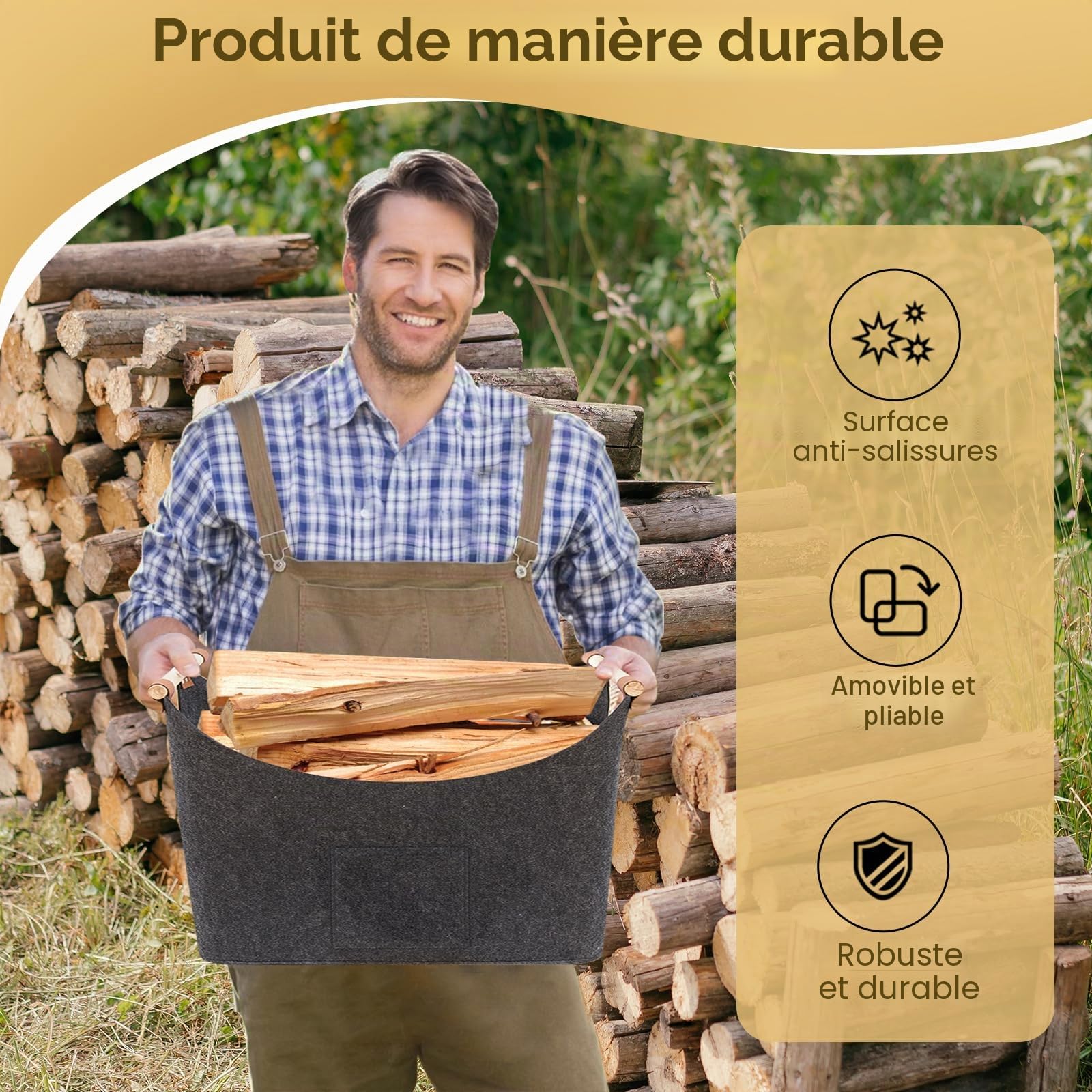 FINEW Panier à bois pour boiss de cheminée 90 L - Avec gants - 60 x 40 x 40 cm - Grand panier en feutre pour ranger le bois de chauffage, les journaux