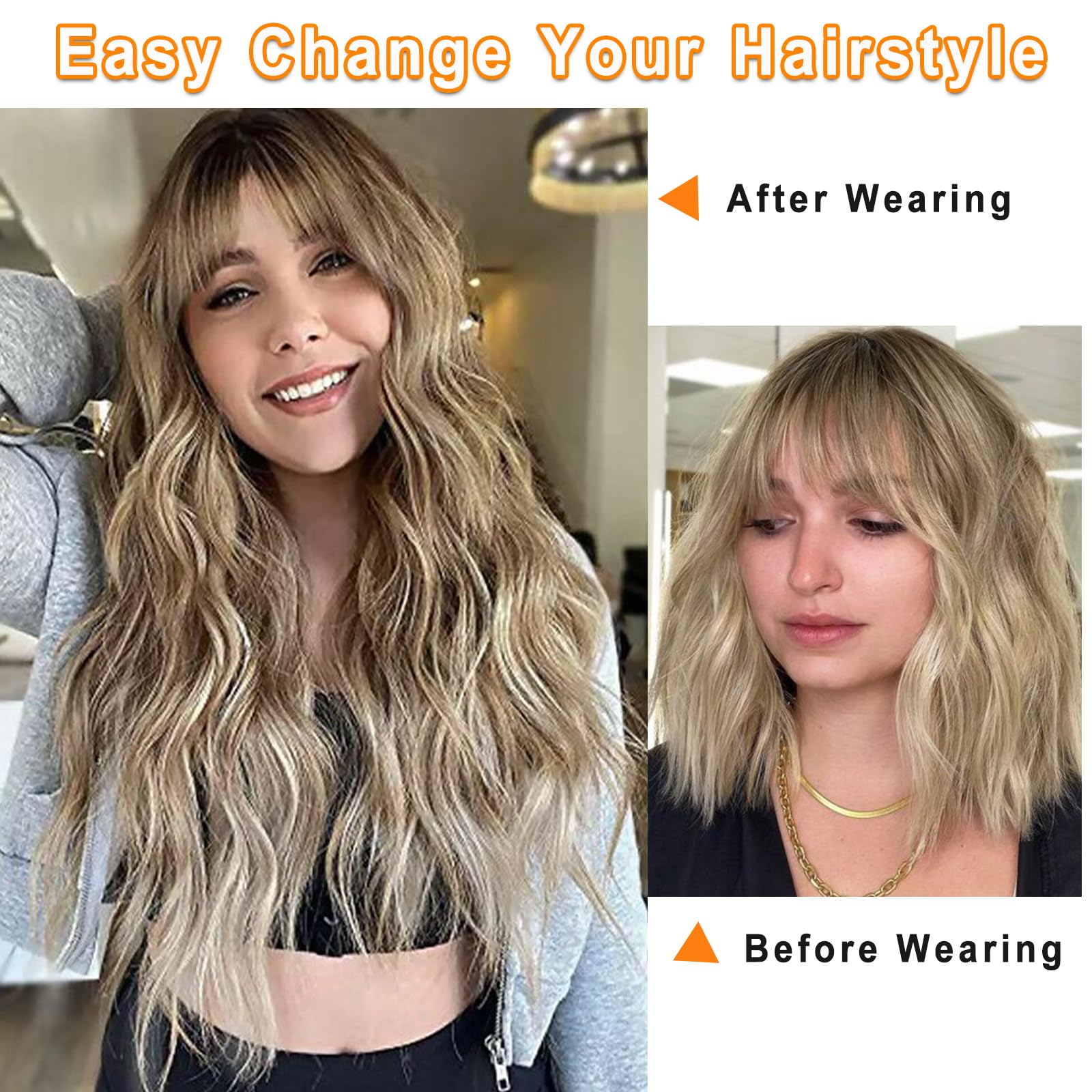 Vomella 26 Inch Long Wavy Synthetic Wig with Bangs