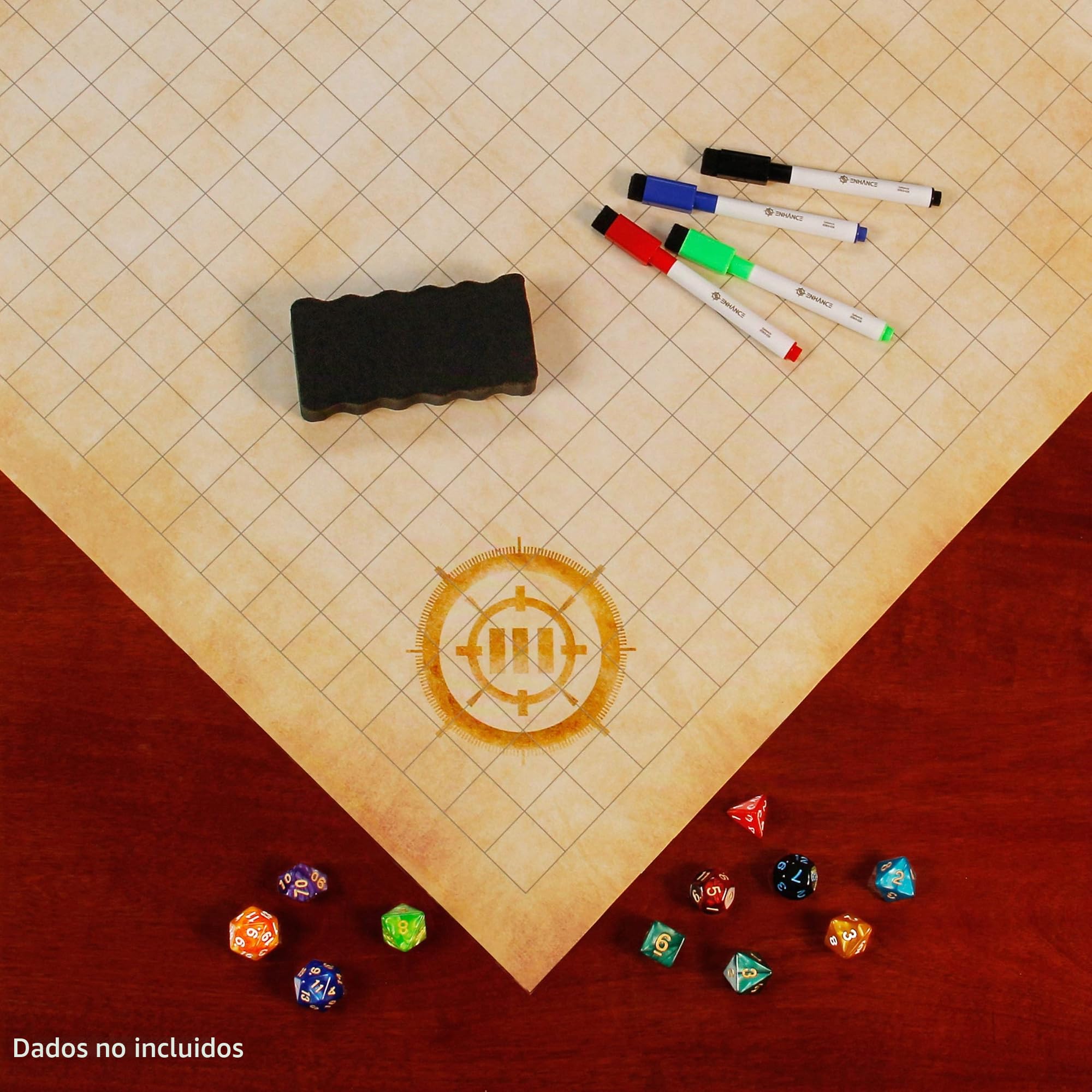 ENHANCE RPG Grid Mat - Tapete de Batalla DND de Mesa (61x91 CM) Juego de rol Mapa de Cuadrícula DND de Borrado en Seco Juego Completo para Maestros y Principiantes, Kit de Marcadores