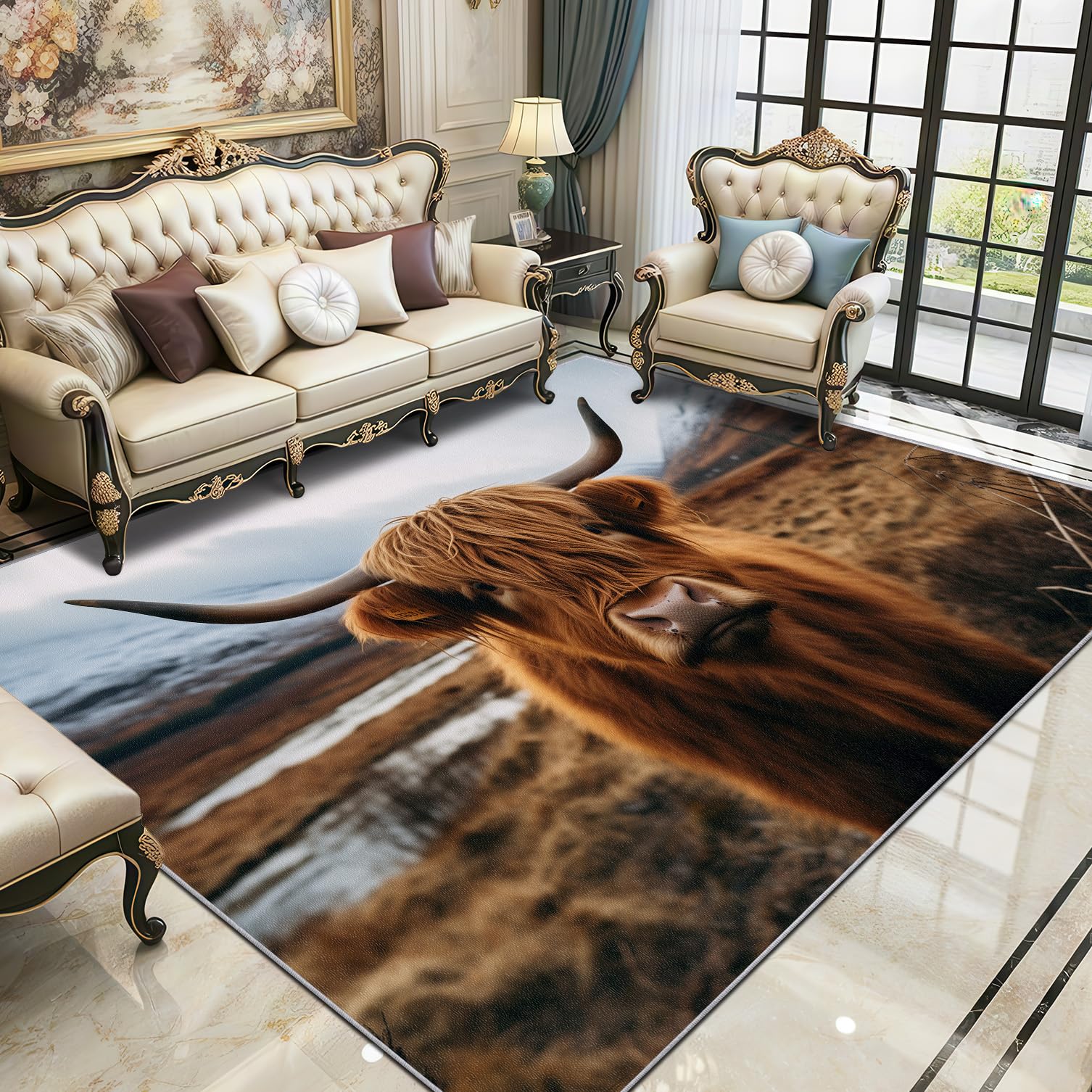 Highland Cow Rugs Living Room Large 160x230 - Farm Animal Bedroom Rug, Farmhouse Washable Non Slip Low Pile Carpet