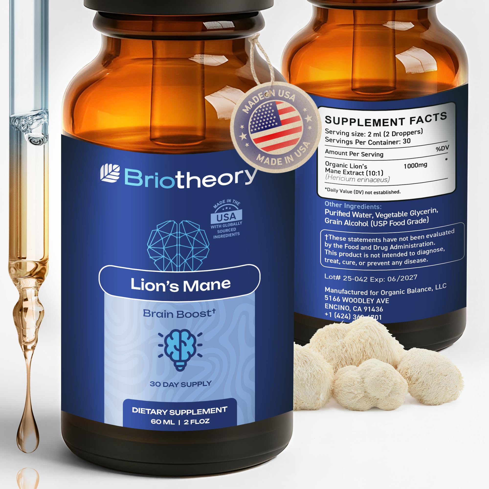 Organic Lions Mane Tincture Drops | Lion's Mane Liquid Herbal Supplement for Brain Support, Memory & Focus Drops | Sugar-Free, Vegan, Non-GMO – 60ml (30 Days Supply)