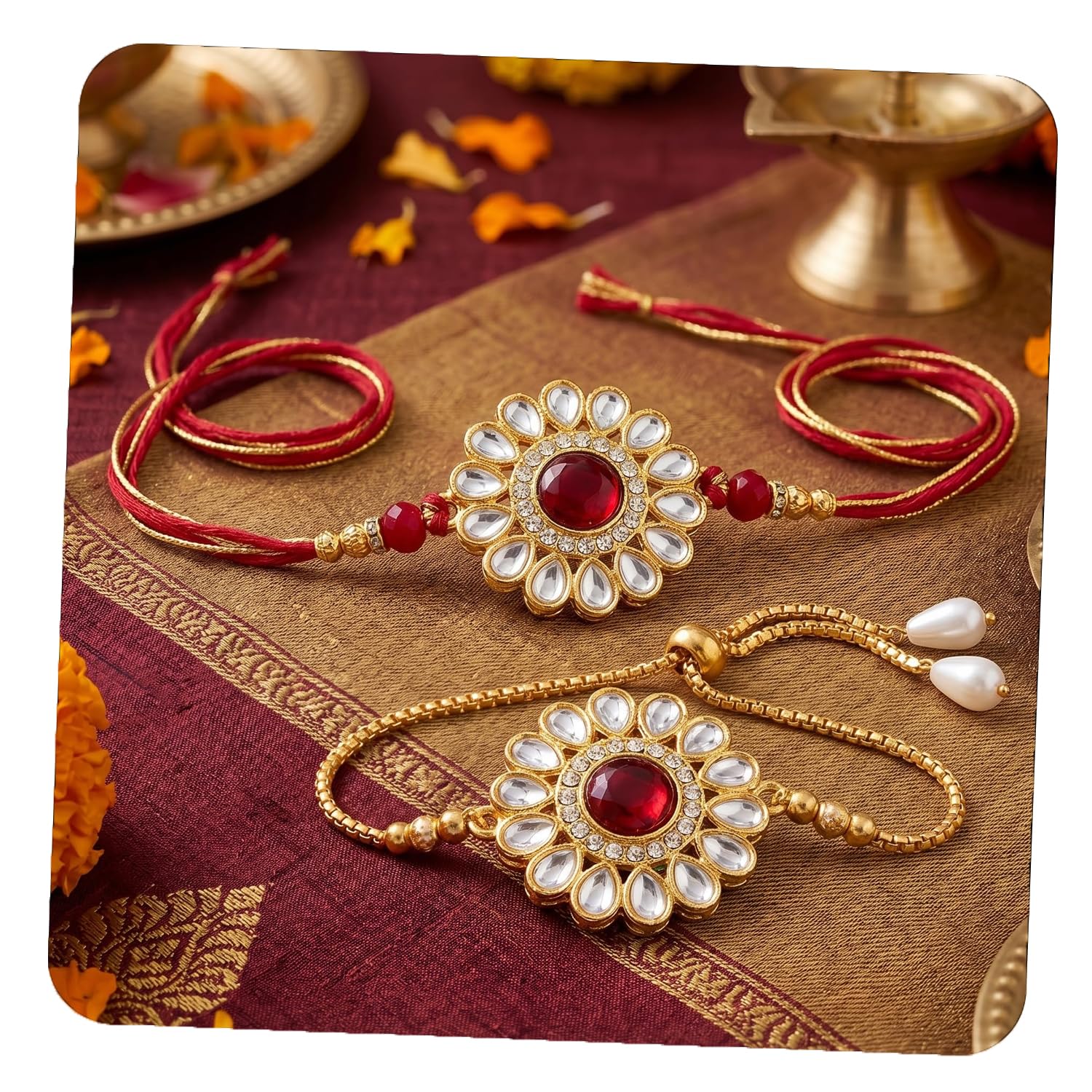 craftvatika Rakhi Set for Brother and Bhabhi, Bhaiya Bhabhi Rakhi Set of 2, Designer Kundan Rakhis for Rakshabandhan, Couple Pair Rakhies, Premium Rakshabandhan Rak with Best Wishes Card Tillak Set-picture-19