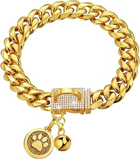 iDofas Gold Chain Dog Collar 14mm Cuban Link Dog Collar with Bling CZ Diamonds Buckle 18K Gold Plated Metal Dog Chain Collars for Dogs for Puppy Small Medium Large Dogs Includes Dog tag & Bell.(20