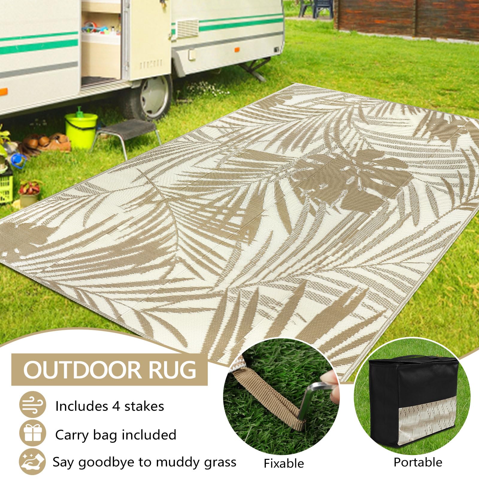 famibay Tapis d'extérieur réversible en paille de plastique imperméable, tapis de camping, tapis d'extérieur léger et pliable pour patio, balcon, terrasse, camping (marron)